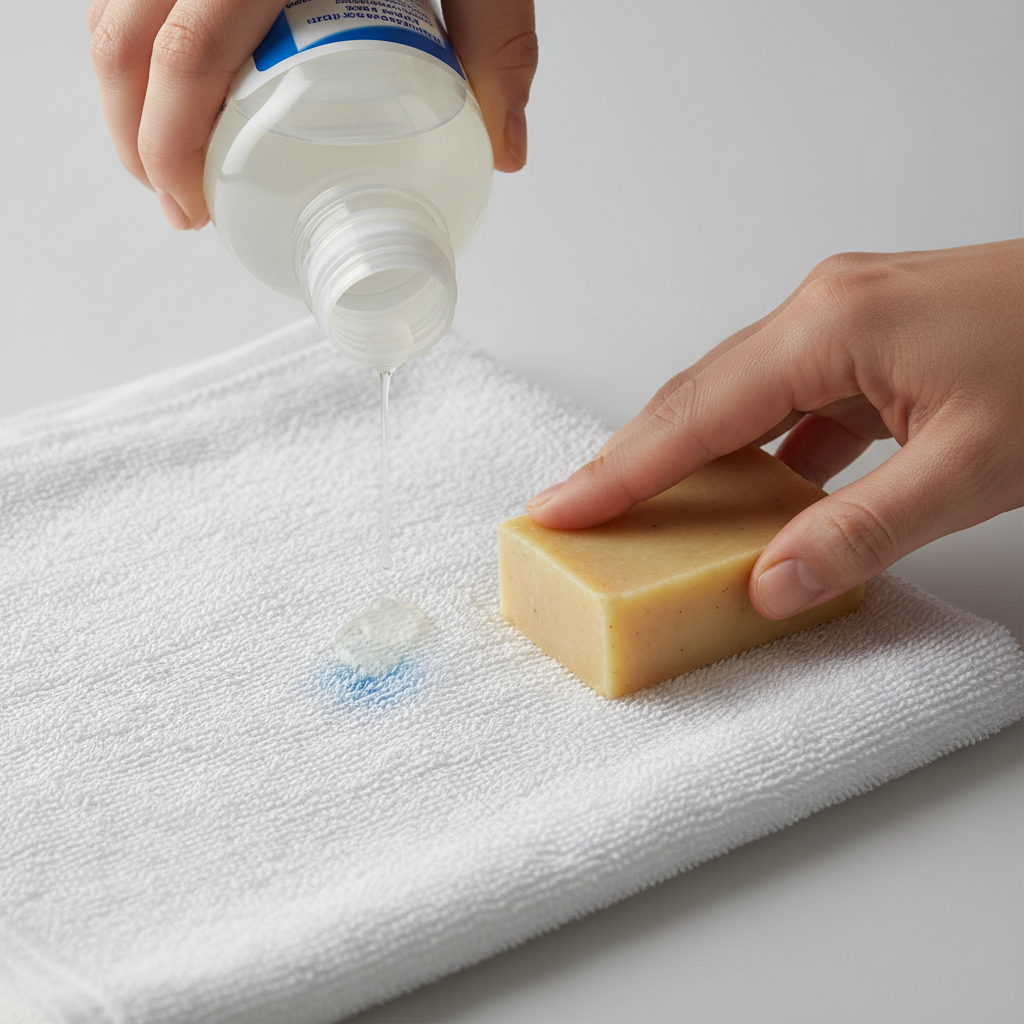 A close-up, clean studio photo showing a practical step for removing fresh stains. A hand, gently holding a generic bottle of liquid detergent or a bar of gall soap, is carefully applying the solution directly onto a small, faint blue dye stain on a piece of white fabric, perhaps a folded towel or a stained garment. The focus is on the action of application, with a few drops or a thin layer visible on the fabric, highlighting immediate intervention with a household remedy.