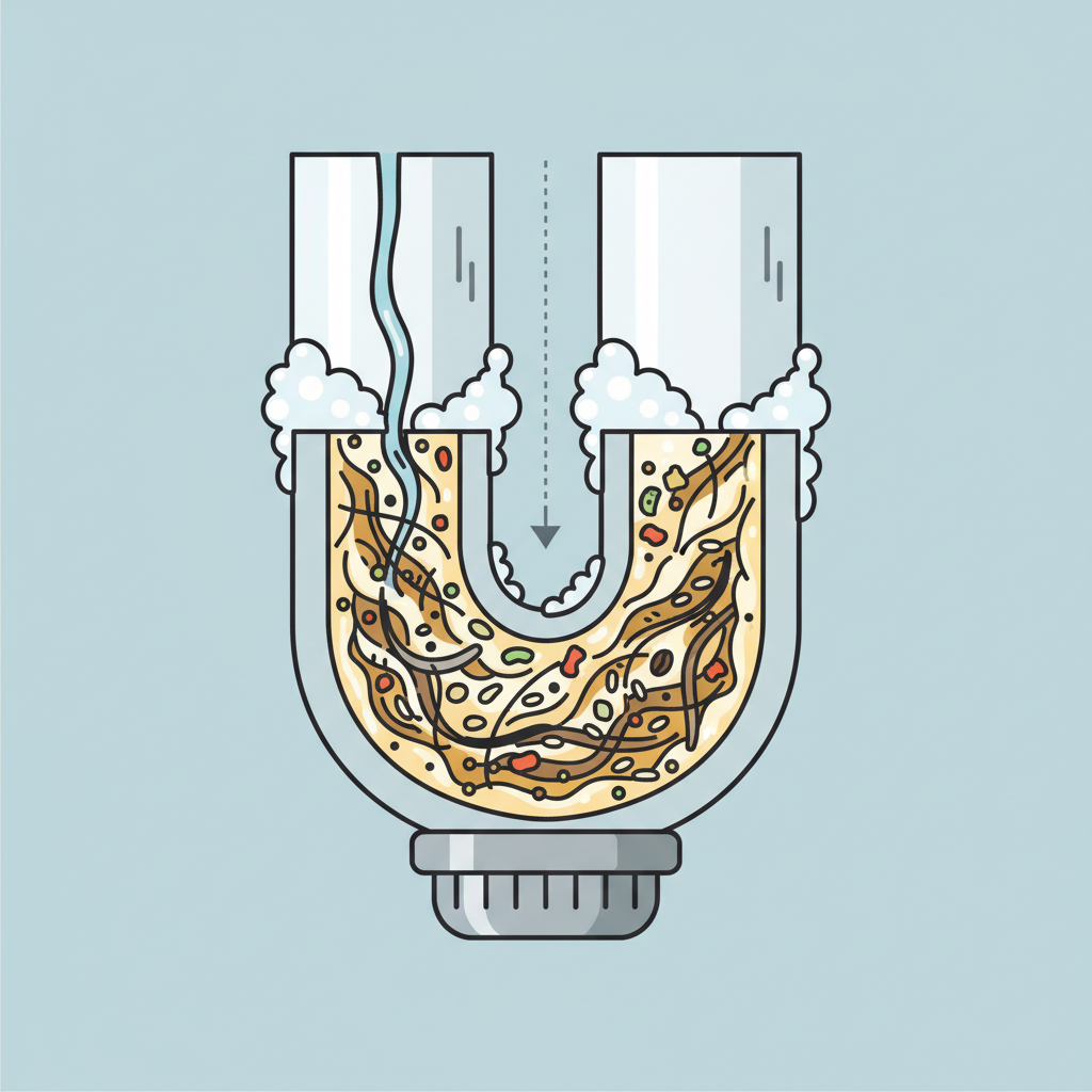A detailed cross-section illustration of a clogged kitchen sink drain pipe, specifically focusing on the U-bend (siphon). The pipe interior is heavily coated and obstructed with a visual mixture of common culprits: tangled strands of dark hair, yellowish fat deposits clinging to the walls, small food particles, and white, bubbly soap scum. A slow trickle of water is depicted attempting to pass through the severely narrowed passage, emphasizing the blockage. The overall aesthetic is a clean, modern infographic style, designed for clarity and visual understanding of the problem's composition.