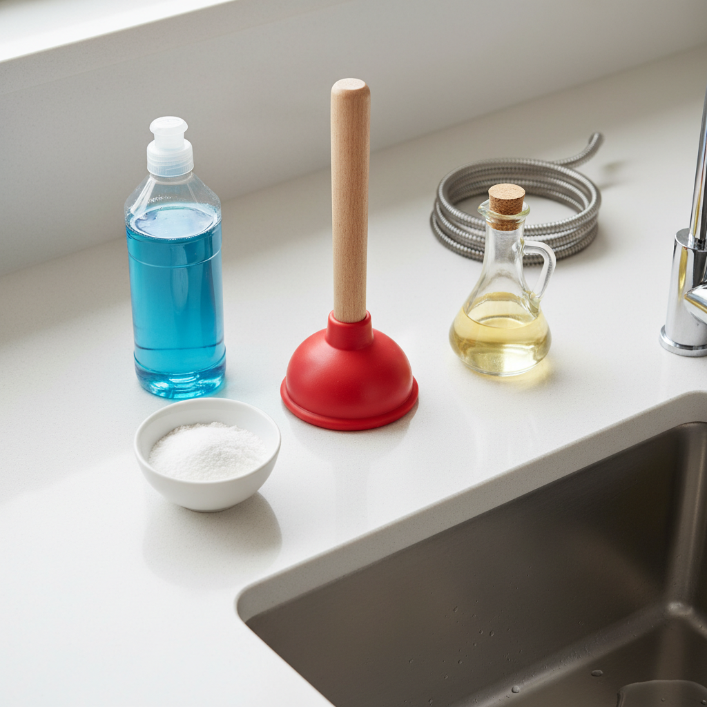 A professional, brightly lit overhead photo showcasing various household tools and ingredients used for clearing a clogged drain. Prominently featured are a classic red rubber plunger, a generic bottle symbolizing a chemical drain cleaner (without any discernible labels), a small bowl containing white baking soda, a clear bottle of vinegar, and a simple handheld drain snake coiled neatly. These items are artfully arranged on a clean, light-colored countertop next to a polished stainless steel sink, subtly implying a readiness to tackle plumbing issues. The image should have a clean, aspirational product photography aesthetic with a shallow depth of field.