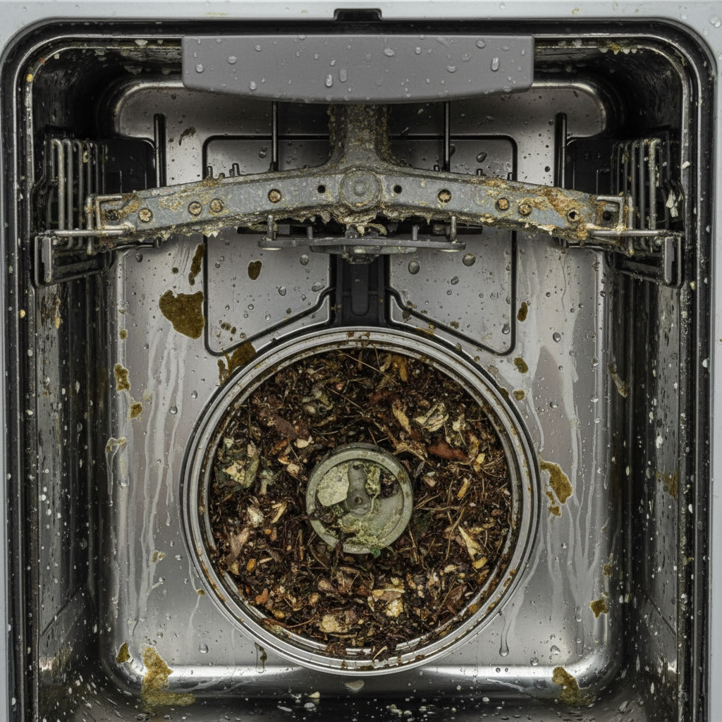A close-up, cutaway view of the interior of a heavily used and dirty dishwasher. Visible food residues, grease stains, and chalky lime deposits cling to the clogged spray arm nozzles, the grimy filter area at the bottom, and the inner walls. The scene conveys a sense of neglect and inefficiency, possibly with faint greenish discoloration suggesting mold or bacteria. Realistic photographic style with a slightly muted color palette to emphasize grime.