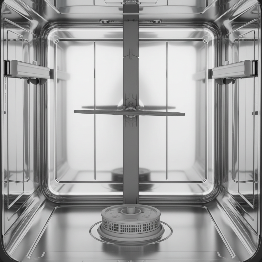 A pristine and sparkling clean interior of a modern dishwasher. The stainless steel inner walls reflect light beautifully, the spray arms are spotless and clear of any blockages, and the filter area gleams. The scene should evoke a sense of hygiene, efficiency, and a well-maintained appliance, with soft, bright lighting accentuating the cleanliness. Professional photo with sharp focus and bright, inviting aesthetics.