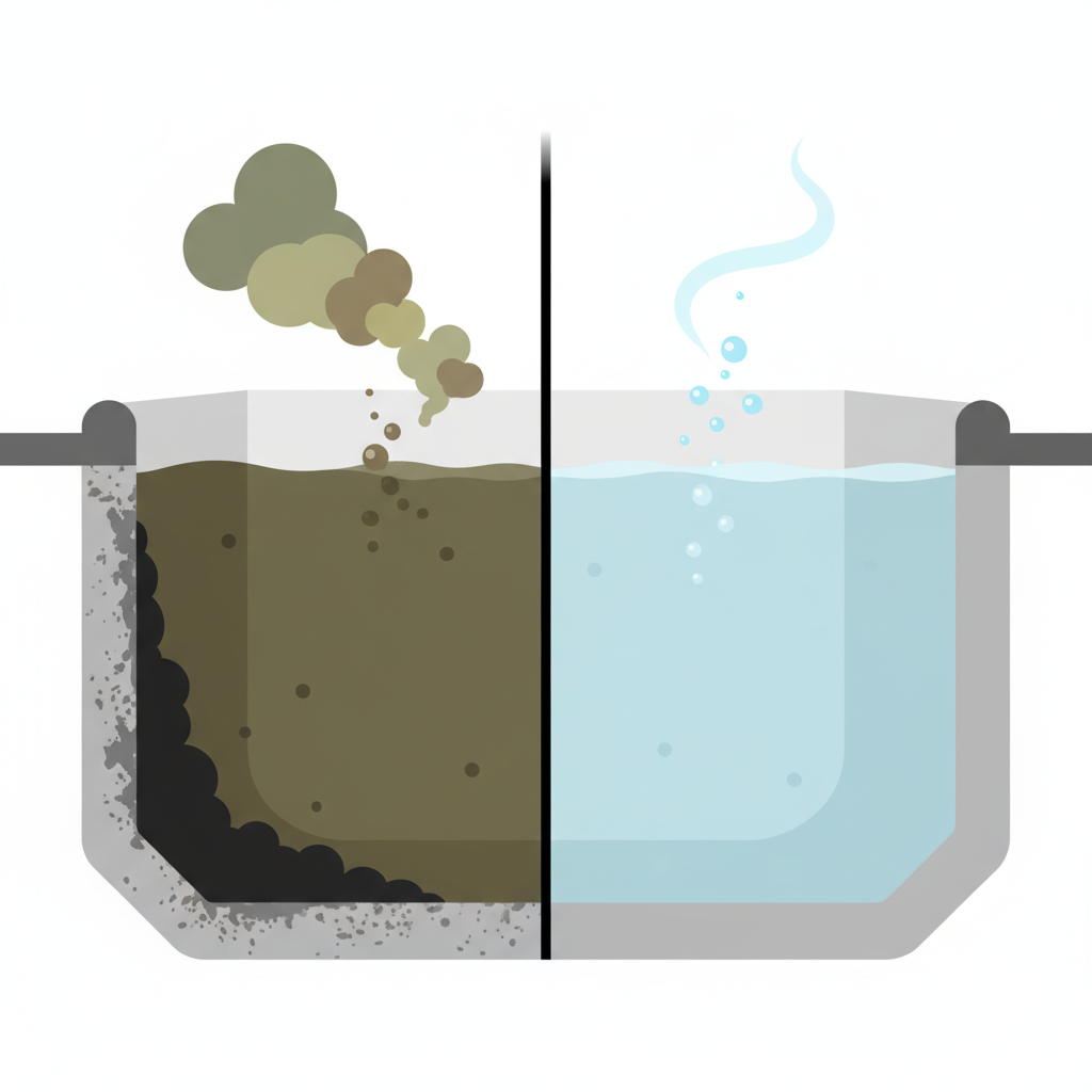 A visually striking flat illustration depicting a split view of an RV wastewater tank. The left side shows a cross-section of a neglected, dirty tank, filled with murky, stagnant liquid, thick sludge adhering to the walls, and swirling green-brown cloud-like shapes emanating upwards, symbolizing bad odors. The right side displays the same tank cross-section, now impeccably clean, with crystal-clear water, smooth, pristine tank walls, and delicate blue-white bubbles or a subtle fresh air wisp rising, representing hygiene and freshness. The contrast should be stark and immediately understandable.