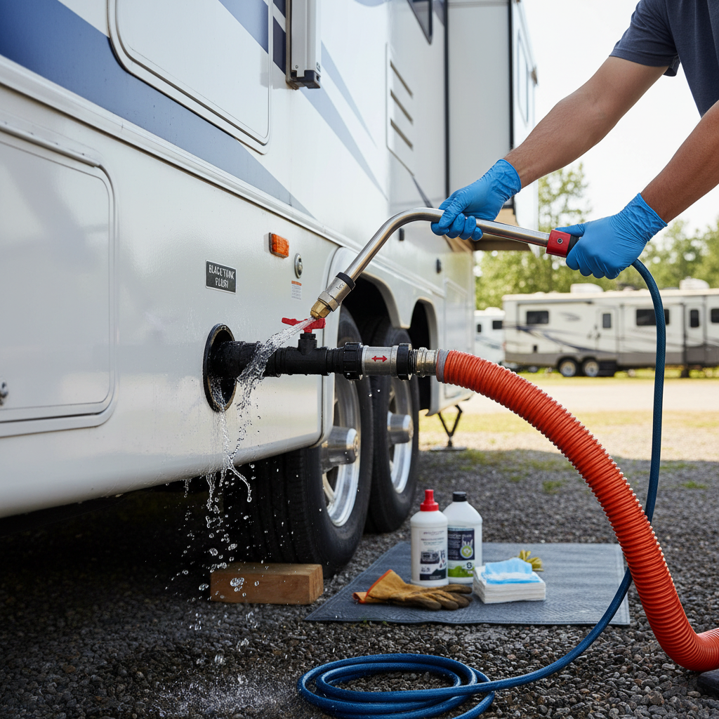 A professional photo showing an action shot of a person's hands and lower arms actively engaged in cleaning an RV's wastewater system. One hand holds a water hose or a specialized cleaning wand directed into an access port or valve, while the other might be operating a lever. The setting suggests the side of an RV at a campsite or service area. The overall image should convey a sense of thoroughness and careful maintenance, with a focus on the tools and process, highlighting the importance of proper cleaning for RV hygiene.