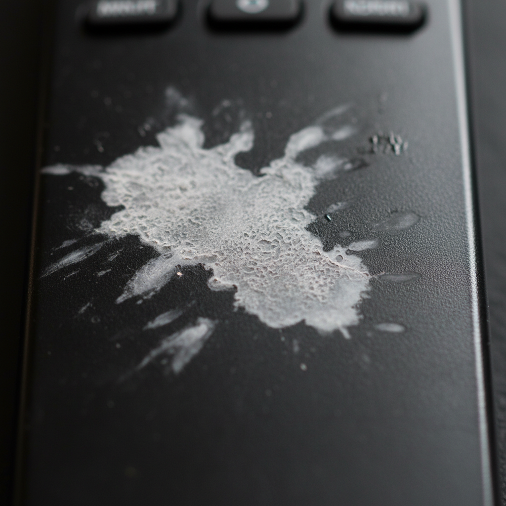 A close-up, professional photo of a damaged plastic surface, showcasing a distinct, hazy, and slightly matted acetone stain. The plastic could be part of a common household item like a table edge, a remote control, or a phone case. The stain should clearly depict the negative impact of acetone, appearing frosted or discolored against the original surface, emphasizing the problem addressed in the article. Lighting should highlight the texture difference between the damaged and undamaged plastic.