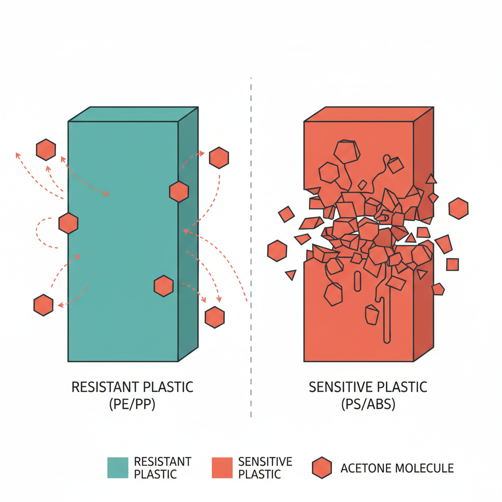 An illustrative diagram in a clean, flat vector style demonstrating the effect of acetone on different types of plastic. On one side, show a simplified block of 'resistant plastic' (e.g., PE/PP) with acetone molecules bouncing off harmlessly. On the other side, depict a 'sensitive plastic' (e.g., PS/ABS) with acetone molecules penetrating and causing visible disruption or 'melting' of its internal structure, represented by broken or dissolving interconnected shapes. Use contrasting colors to differentiate plastic types and highlight the solvent action.