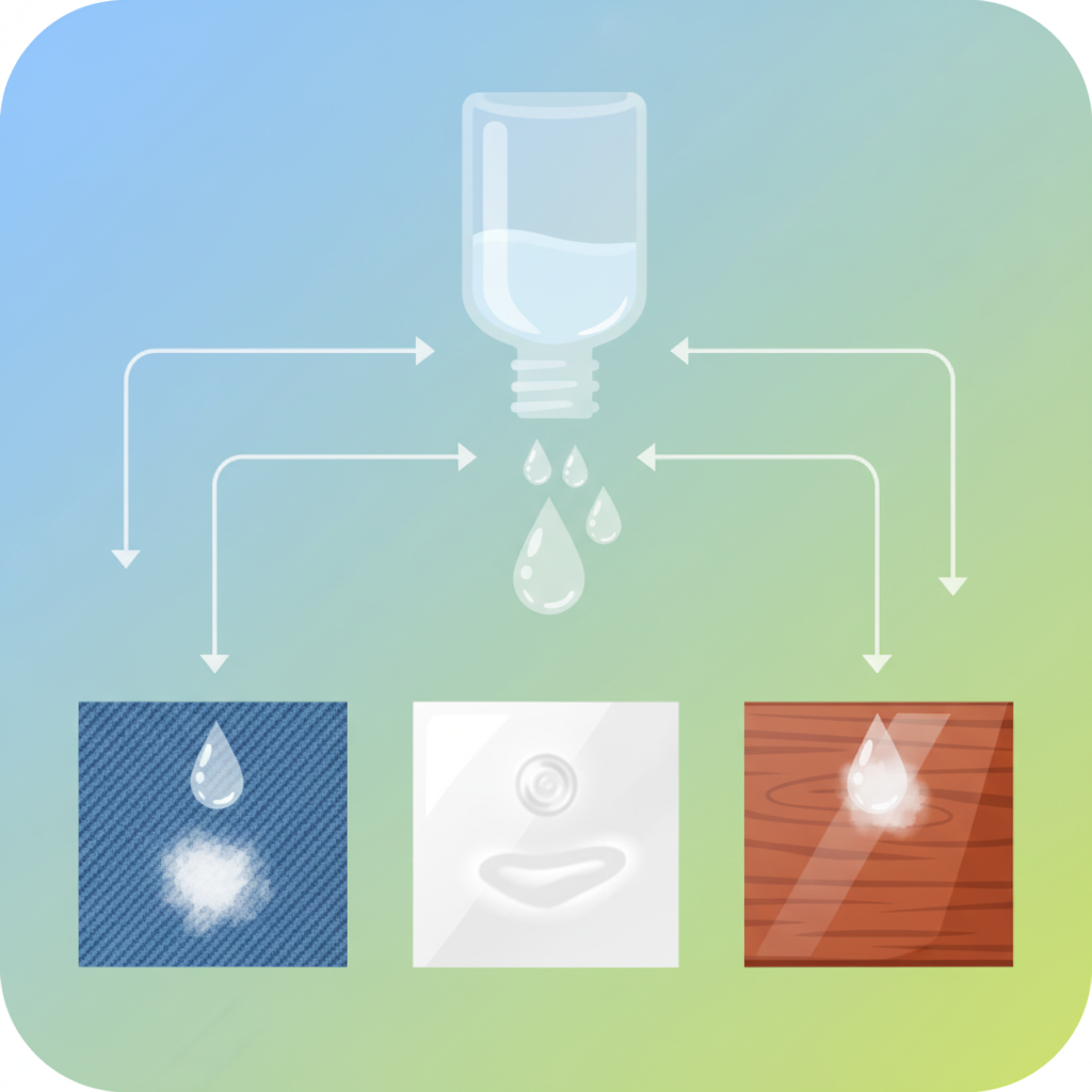 An infographic-style illustration depicting the various ways acetone can cause damage. The central element is a clear, stylized bottle (no text) from which droplets of a transparent liquid (representing acetone) are falling. These droplets are shown interacting with three distinct surfaces: a piece of woven fabric showing a slight discoloration, a smooth plastic surface with a subtle etched or melted mark, and a varnished wooden surface exhibiting a dull patch. The overall impression should be clean, informative, and visually explain the different types of 'stains' or material reactions discussed in the article. Use a bright, modern color palette.
