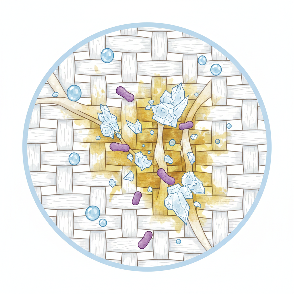 An infographic-style illustration depicting the microscopic causes of armpit stains. Focus on a magnified fabric weave, with tiny abstract representations of elements like sweat droplets, bacteria shapes, and crystal-like deodorant particles (aluminum salts) interacting with the fibers, causing a yellow-brown discoloration. The background should be clean and white, emphasizing the chemical interaction and buildup on the textile. Use a bright, scientific, and clean visual style, making complex processes easily understandable.