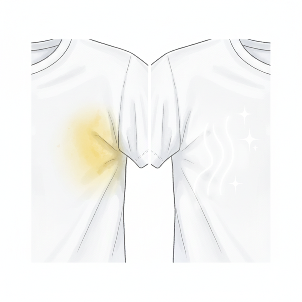 A split-screen or side-by-side illustration in a clean, bright, and modern realistic style. On one side, a close-up of a white t-shirt's armpit area, clearly showing a stubborn yellow stain. On the other side, the same t-shirt's armpit area is pristine white and fresh, possibly with subtle visual cues of cleanliness like sparkling effects or a gentle steam, implying successful removal. The overall scene should convey the transformation from problematic stain to clean, restored fabric without showing any human interaction.