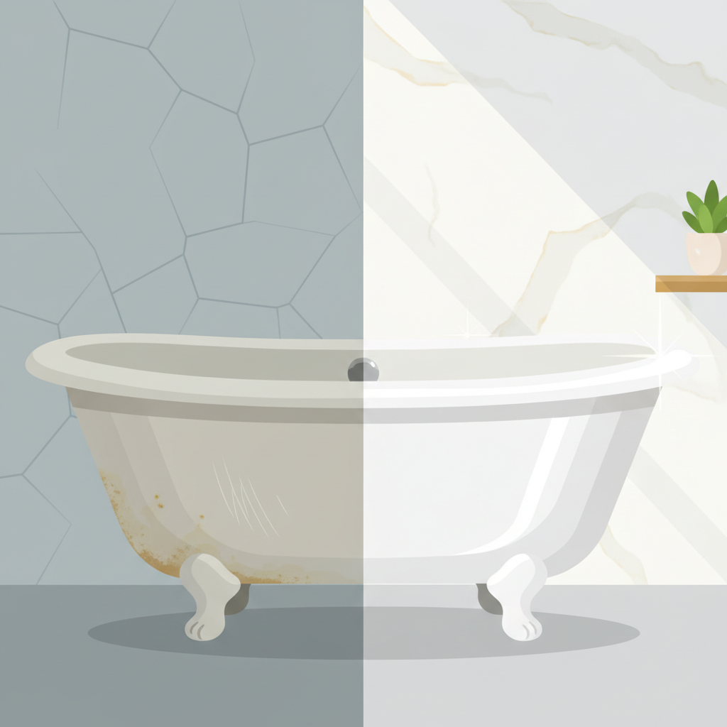 A split-scene flat illustration depicting an acrylic bathtub. On the left side, the bathtub appears dull, slightly stained, and with subtle, visible scratch marks, signifying neglect and improper cleaning. On the right side, the same bathtub is sparkling white, gleaming with a reflective, pristine surface, showcasing its restored shine and cleanliness. The lighting on the right side should be bright and inviting, contrasting with a slightly muted, less appealing light on the left. The overall style should be clean and modern.