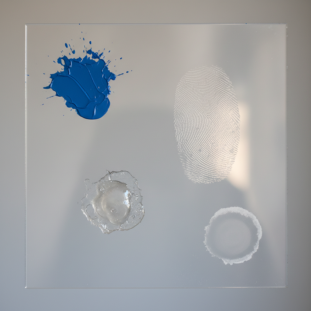 A clear, transparent acrylic surface, perhaps a panel or a section of a larger object like a shower door or a tabletop, is depicted with multiple distinct types of stains. Prominently featured are a vibrant, dried paint splash, a blob of hardened adhesive residue, a greasy, smudged fingerprint, and a hazy water spot or limescale mark. The focus is on the contrast between the clean, smooth acrylic and these imperfections, showcasing the variety of challenges. The lighting is soft but emphasizes the textures and outlines of each stain. Style: High-quality, clean product photography with a slightly macroscopic feel, professional and detailed.