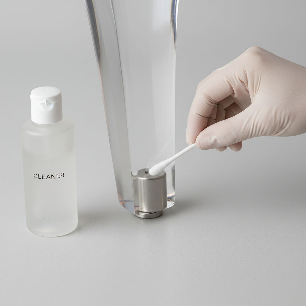 A close-up, top-down view of a hand carefully performing a test clean on an inconspicuous corner of a clear acrylic object, such as a transparent furniture leg, a display case, or a picture frame. The hand, possibly gloved, holds a soft white microfibre cloth or a cotton swab, lightly dabbing a tiny, hidden area of the acrylic. Nearby, a generic, unlabeled bottle of a mild cleaning solution is partially visible. The scene emphasizes precision, care, and the crucial preparation step before tackling a main stain. The lighting is bright and clean, highlighting the smooth texture of the acrylic. Style: Professional, clean flat lay or close-up instructional photo.