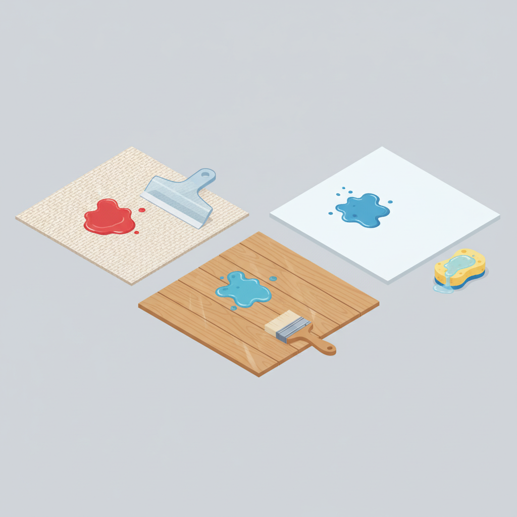 An isometric, clean infographic-style illustration showcasing various methods and tools for tackling dried acrylic paint stains. The scene features three distinct surfaces: a swatch of light-colored fabric, a section of polished wooden floorboard, and a smooth, white wall. Each surface has a small, dried, vibrant red or blue acrylic paint blob. Around these stains, relevant tools are subtly placed: a gentle plastic scraper near the fabric, a small cleaning sponge with a generic clear liquid near the wall, and a soft brush near the floorboard. The overall composition suggests a systematic and patient approach to stubborn, dry stains.