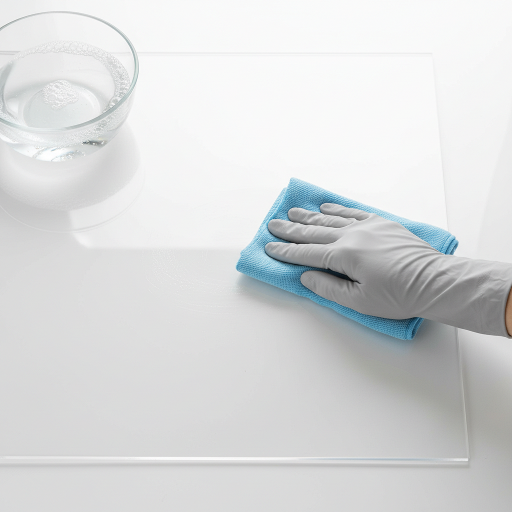 A vibrant, brightly lit professional photo focusing on the gentle cleaning process of a clear acrylic sheet. A hand, wearing a subtle glove for a clean look, holds a soft, light-blue microfiber cloth, lightly wiping a section of the acrylic. Nearby, a clear glass bowl contains frothy, mild soapy water. One part of the acrylic surface subtly shows light dust or a finger smudge (before), transitioning to a sparkling, perfectly clean, and reflective finish where the cloth is moving (after). Emphasize clarity and an inviting, gentle touch.