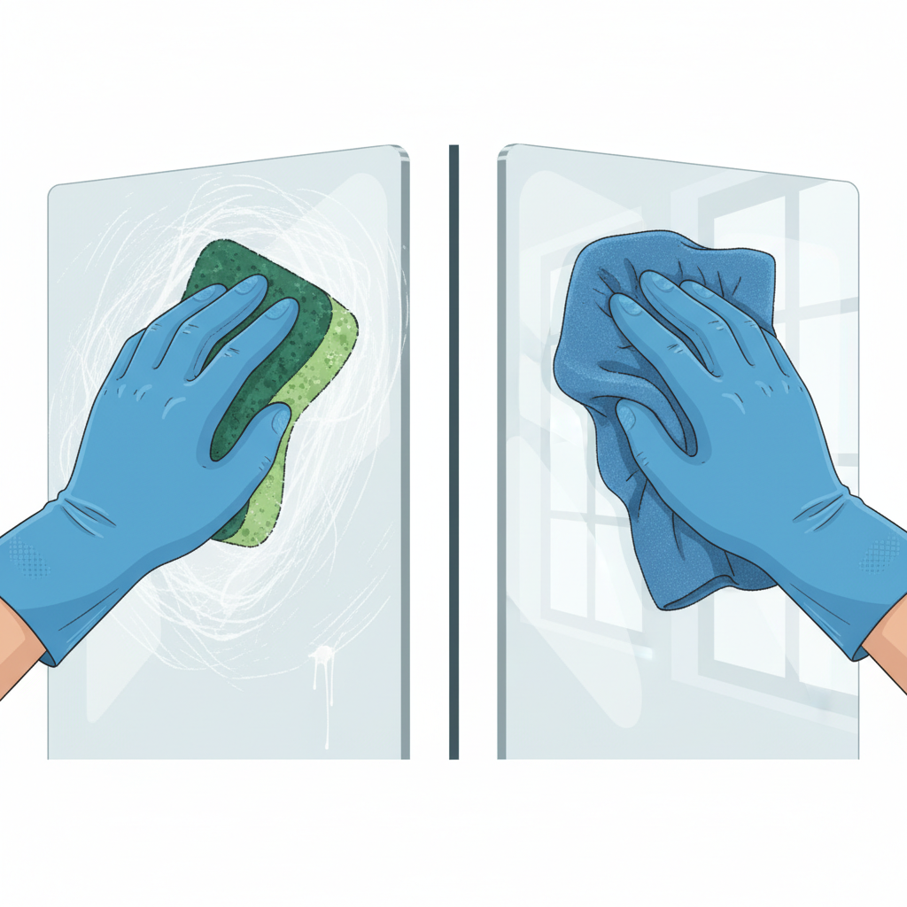 A crisp, illustrative side-by-side comparison depicting the impact of cleaning methods on acrylic glass. On the left, a hand aggressively scrubs a clear acrylic panel with a rough, abrasive sponge, leaving visible, fine scratch marks and a cloudy appearance. On the right, another hand gently glides a soft, clean microfiber cloth over an identical acrylic panel, resulting in a perfectly transparent, polished, and streak-free surface with clear reflections. Use a clean, infographic-like style with distinct visual separation.