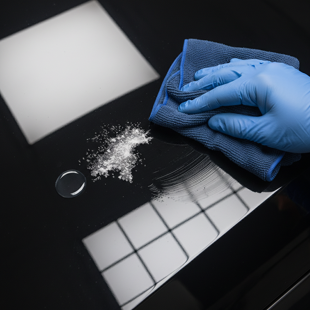 A close-up, high-angle professional photo illustrating the problem and immediate solution of AdBlue spills on a dark automotive paint surface. The scene shows two states: a small pool of clear AdBlue liquid just spilled, and next to it, a distinct patch of dried white, crystalline AdBlue residue. A gloved hand, holding a damp, soft microfiber cloth, is gently wiping away a third, freshly spilled clear liquid, showing it disappearing and leaving a clean, glossy surface. The reflection of light on the car's paint should be prominent.