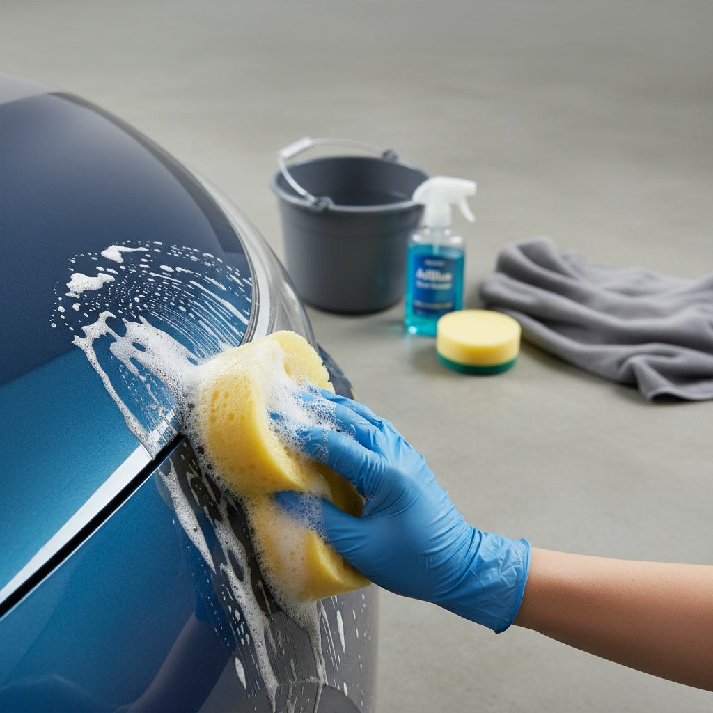 A vibrant, clean studio photo-illustration focusing on the removal of dried AdBlue stains from a car's painted surface. The foreground features a section of a dark metallic car panel with a noticeable, dried white AdBlue stain. In the background, arranged neatly, are the essential cleaning tools: a bottle of specialized car shampoo, a bucket of clean water, a soft car washing sponge, and a dry, fluffy microfiber drying towel. A hand, possibly wearing a protective glove, is carefully applying soapy water with the sponge to the dried stain, demonstrating gentle but effective cleaning.