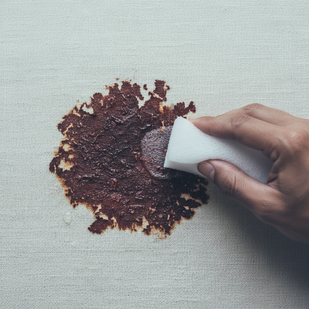 A close-up, top-down view of a section of a light-colored fabric, like a beige linen shirt or a cream carpet, with a distinct, dark, dried old blood stain. A hand (diverse skin tone) gently holds a damp, white cloth or sponge, carefully dabbing the outer edge of the stain with cold water. Droplets of water are visibly interacting with the stain, hinting at the softening process. The background is slightly blurred, emphasizing the detailed interaction with the stain and the challenge of a stubborn, dried mark. Style: A professional, well-lit photo with a slightly desaturated color palette, focusing on texture and detail.