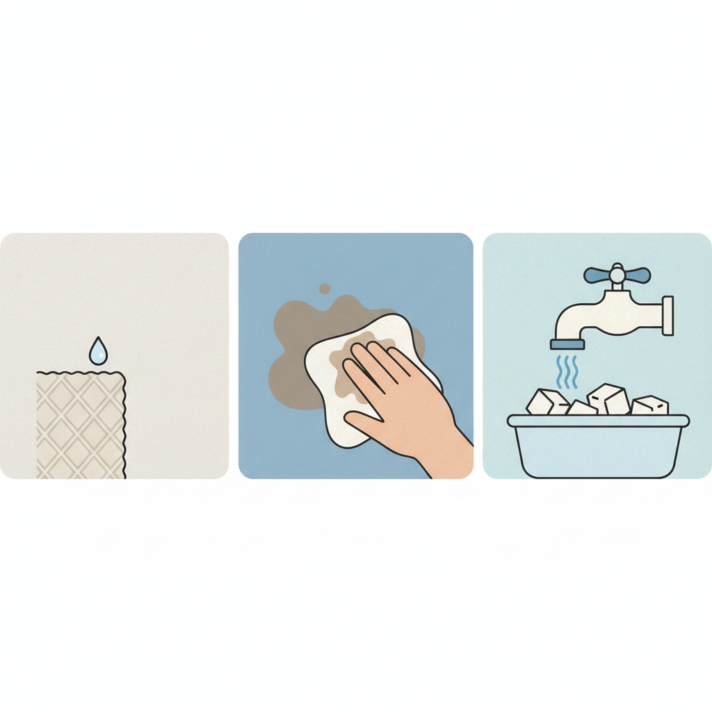 A stylized flat illustration depicting a sequence of actions representing the key principles for removing old blood stains. On one side, a small drop of clear liquid is applied to an inconspicuous corner of a fabric swatch, indicating testing. In the center, a hand gently dabs a visible but abstract brown stain on a larger piece of fabric with a corner of a cloth. On the other side, an icon of a water faucet dripping cold water into a basin with ice cubes, symbolizing the crucial use of cold water. The overall scene is clean and organized, with soft, muted colors. Style: Modern flat illustration with clean lines and a clear visual flow, suitable for instructional purposes.