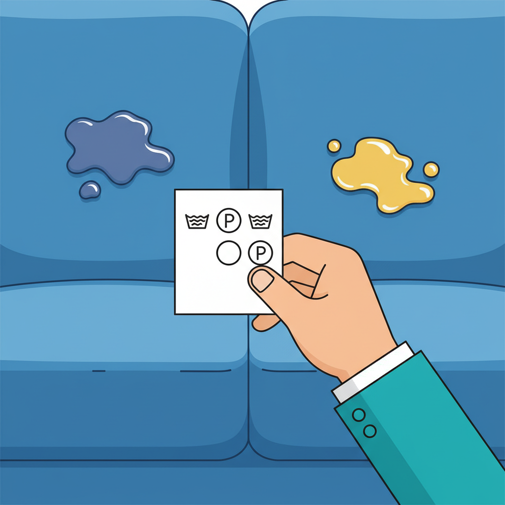 A vibrant, clean flat illustration showcasing the crucial preparation steps for sofa cleaning. The scene focuses on a stylized hand carefully examining a sofa's care label, which prominently displays generic, universally understandable symbols representing 'wash with water', 'solvent clean only', 'dry clean only', and 'both water and solvent'. In the background, subtly hinted on the sofa fabric, are abstract representations of different stain types, like a diffused dark liquid and a shimmering greasy patch, visually emphasizing the need for material and stain identification before cleaning begins. The overall aesthetic is professional and informative, suitable for a blog post.