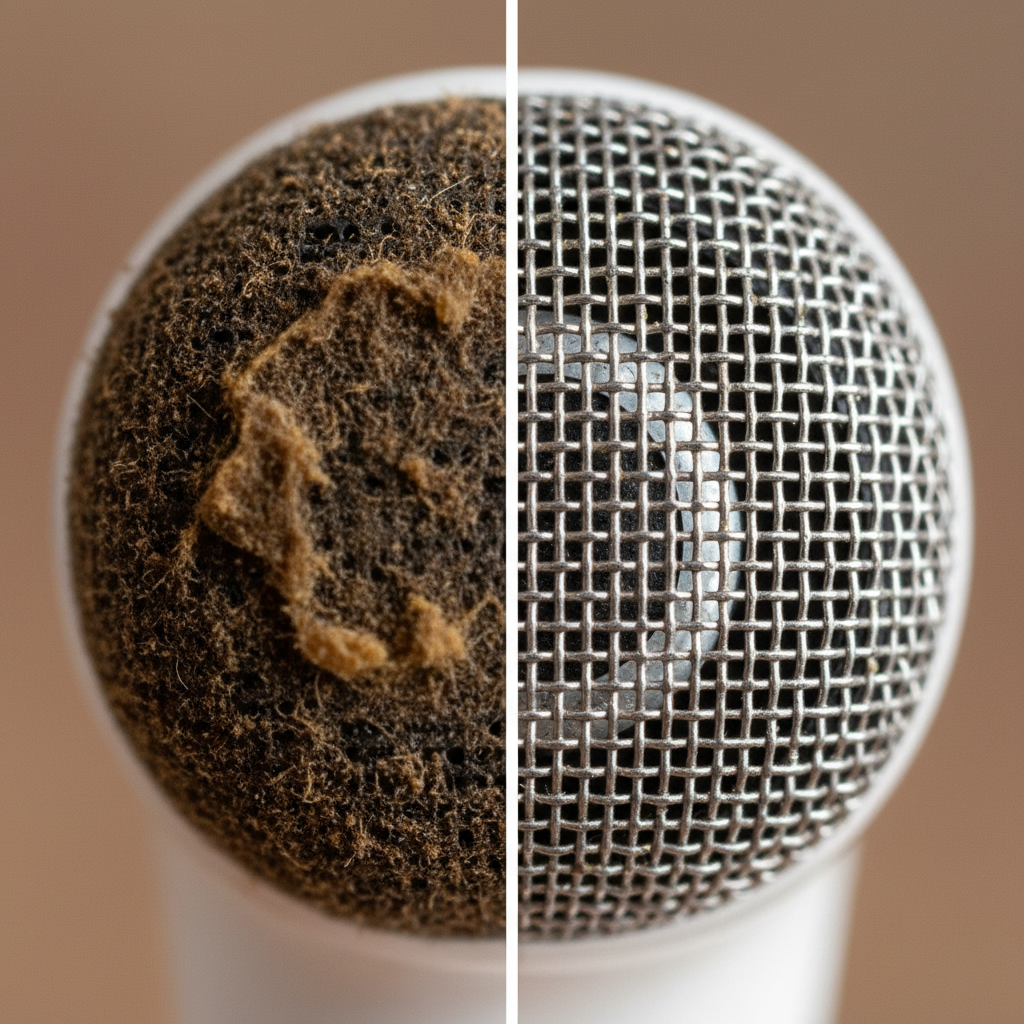 A macro professional photo showing a stark contrast between two states of an AirPods speaker grille. On the left side, the grille is visibly clogged with a mixture of dark dust and yellowish earwax, looking dull and muted, almost fuzzy and obstructed. On the right side, the identical grille is sparkling clean, revealing its intricate metallic mesh pattern, with subtle light reflections indicating its pristine condition and openness. The background is a soft, out-of-focus blur, ensuring the focus remains entirely on the grilles' 'before' and 'after' appearance, symbolizing clear sound restored.