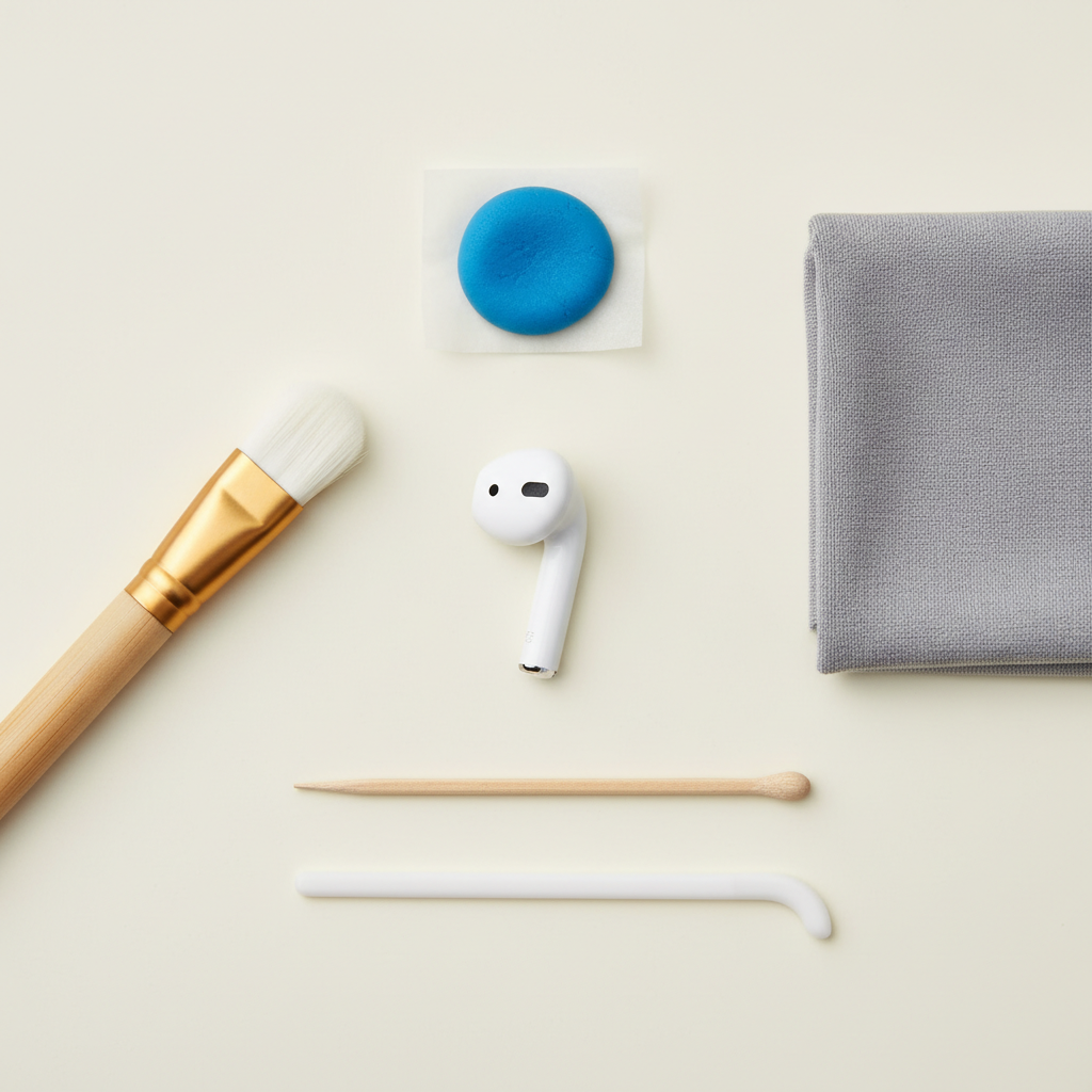 A clean, bright flat lay photo of essential AirPods cleaning tools arranged neatly around a single white AirPod. The tools include a soft, fine-bristled brush, a small blob of blue adhesive putty, a lint-free microfiber cloth folded neatly, and a small wooden toothpick or a specialized non-abrasive cleaning stick. The AirPod itself is positioned centrally, suggesting the target for these various instruments. The background is a simple, light-colored surface, emphasizing a professional, organized approach to delicate gadget maintenance, purely illustrating the necessary equipment.