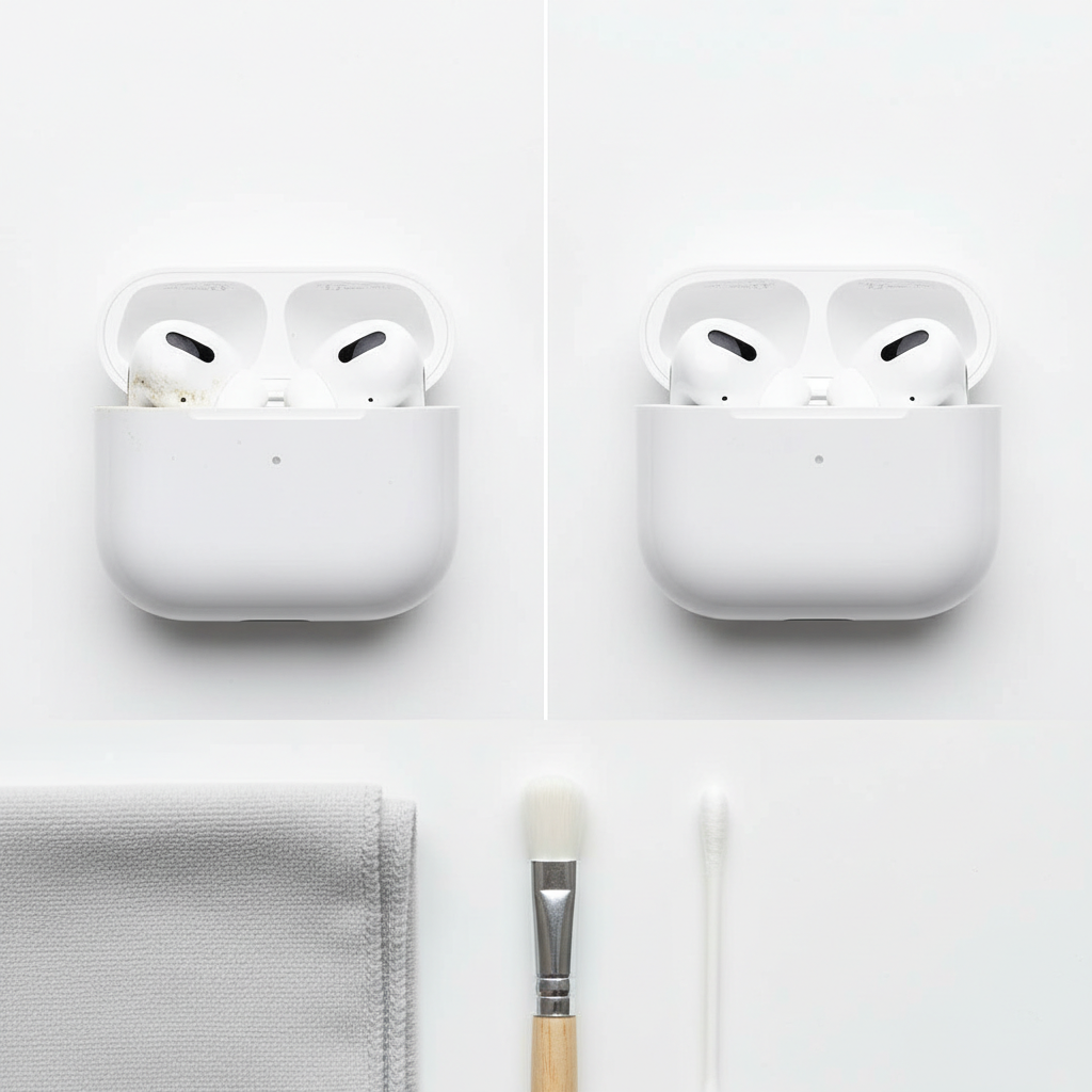 A professional photo depicting a 'before and after' scenario for AirPods. On the left side, a pair of AirPods and their charging case appear noticeably dirty with faint smudges and dust. On the right side, the identical AirPods and case are sparkling clean, reflecting a pristine condition. In the foreground, a few safe cleaning tools are neatly arranged: a soft, dry microfiber cloth, a small, soft-bristled brush, and a single cotton swab. The lighting is bright and clean, emphasizing the contrast.