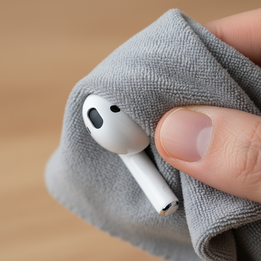 A close-up, high-resolution macro photograph showing the precise action of cleaning an AirPod. A human hand, holding a soft, dry microfiber cloth, is gently wiping the main body of an AirPod. The focus is sharp on the AirPod's speaker mesh and microphone openings, clearly illustrating the careful, delicate approach to cleaning without introducing moisture into critical areas. The background is softly blurred to keep attention on the cleaning process.