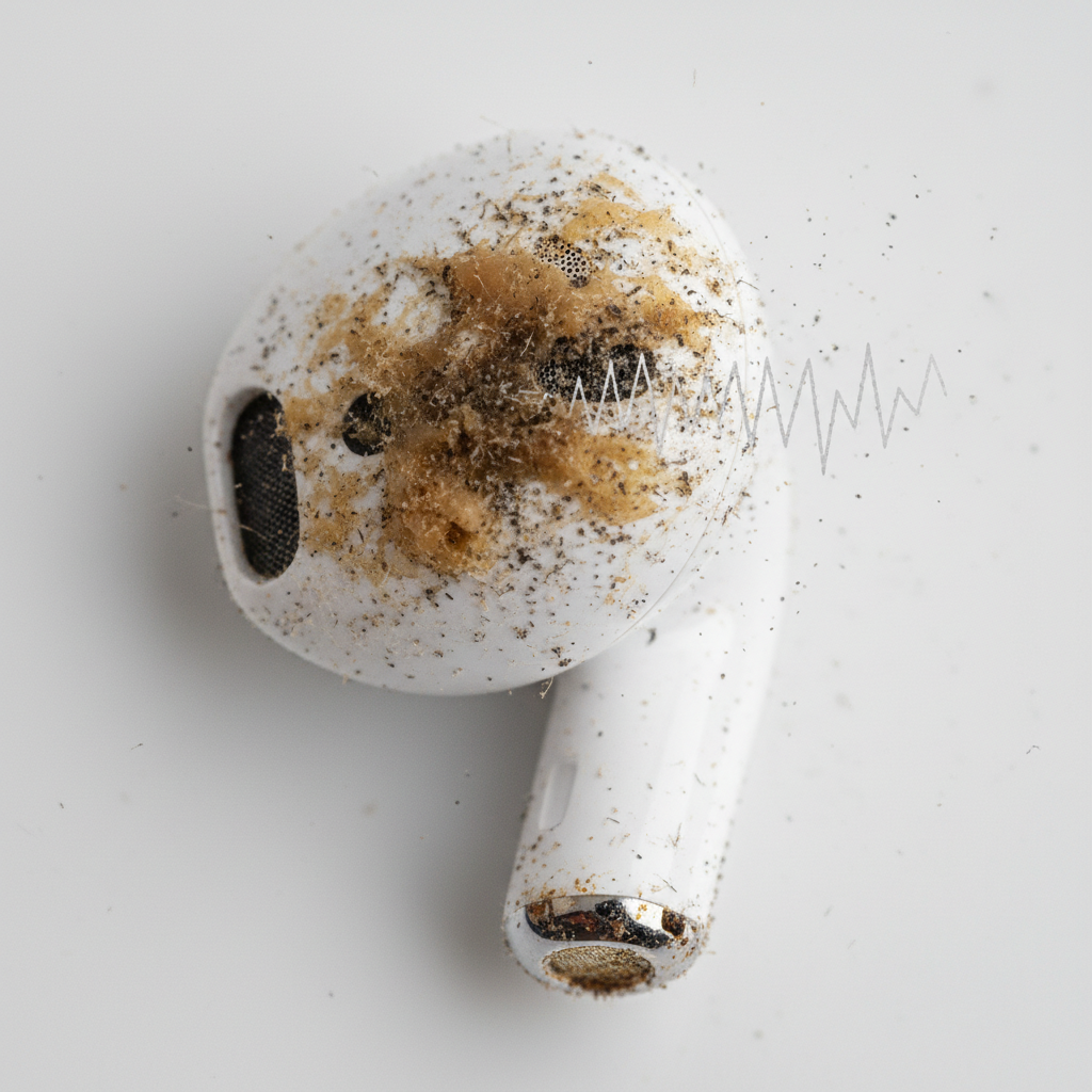 A macro shot of an AirPod, showcasing visible dirt and earwax accumulation within its speaker grilles and charging contacts. Dust particles are clinging to the surface, particularly around the speaker mesh. Visually depict muffled, distorted sound waves struggling to emanate from the dirty AirPod, perhaps as faint, jagged lines being absorbed or blocked. The overall impression should be one of reduced functionality and compromised hygiene. Professional, high-detail product photography style, emphasizing texture and light with a slightly desaturated palette to highlight the grime.