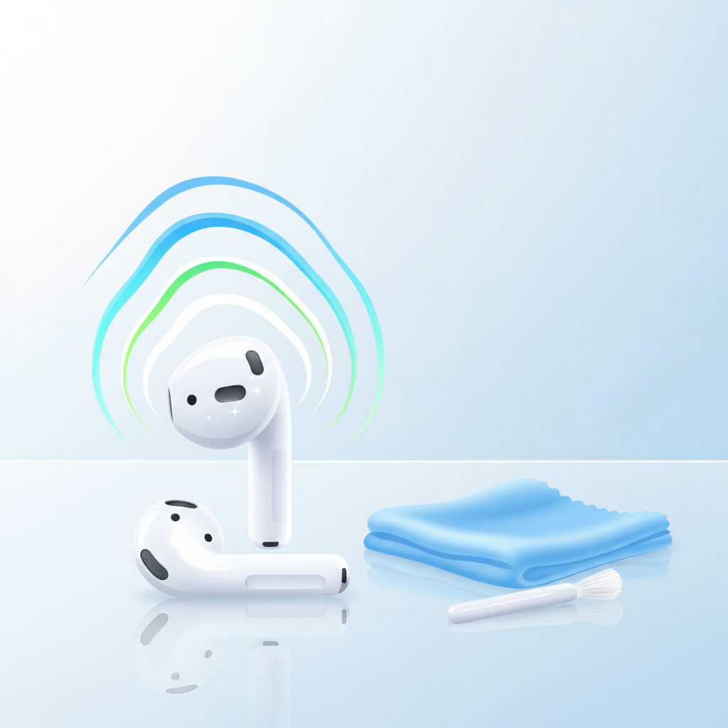 A pristine, sparkling clean AirPod resting on a smooth, reflective surface, bathed in bright, soft light. Next to it, a neatly folded, soft microfiber cleaning cloth and a small, precise, clean brush are arranged. The AirPod's speaker grilles are visibly clear and unobstructed, shining cleanly. Visualize clear, crisp, and vibrant sound waves emanating smoothly and powerfully from the clean AirPod, suggesting perfect audio quality. The overall aesthetic is clean, professional, and reassuring, using a flat illustration style with a focus on hygiene and effectiveness.