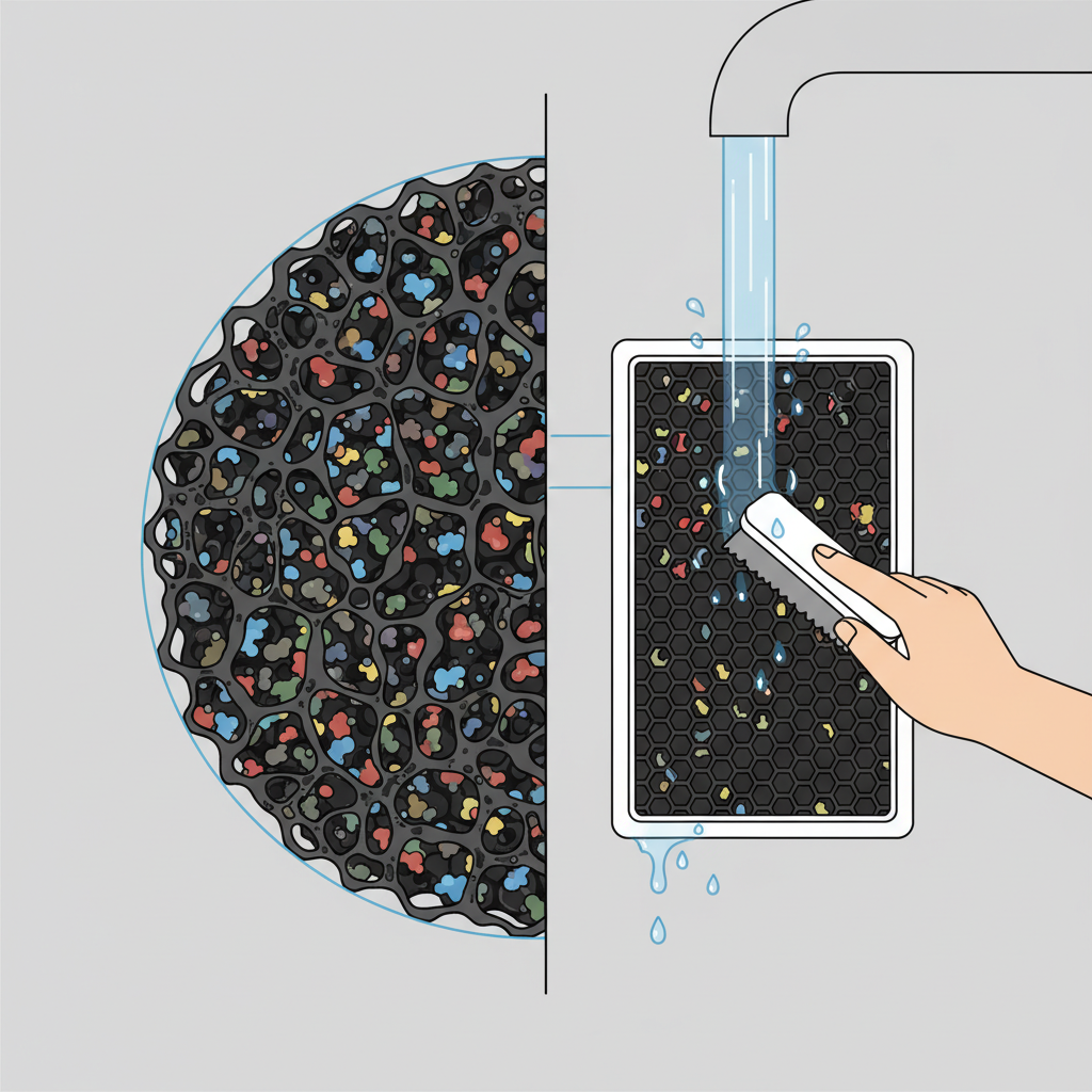 A split-scene, detailed flat illustration. The left half shows a microscopic, cross-section view of a highly porous activated carbon structure, with numerous small, varied-colored pollutant molecules firmly embedded and adsorbed onto its intricate surface and within its deep pores. The right half displays a common household activated carbon filter, perhaps from a range hood or water pitcher, being rinsed under running water or lightly scrubbed. The illustration subtly conveys that the adsorbed molecules largely remain unaffected by the cleaning, emphasizing the filter's exhausted state. Clean, modern, infographic style.