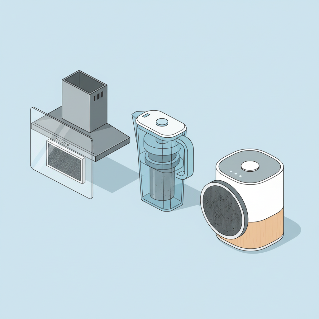 An isometric, professional flat illustration showcasing three distinct household devices that utilize activated carbon filters. From left to right: a stylized kitchen range hood, a countertop water filter pitcher, and a compact room air purifier. Each device is subtly transparent or cut-away to reveal its internal activated carbon filter element. These filters are visually depicted as 'exhausted' or 'saturated' – perhaps with a slightly darker, denser appearance or faint, embedded specks representing absorbed impurities. The scene conveys the widespread use and eventual saturation of these filters. Clean lines, appealing color palette.