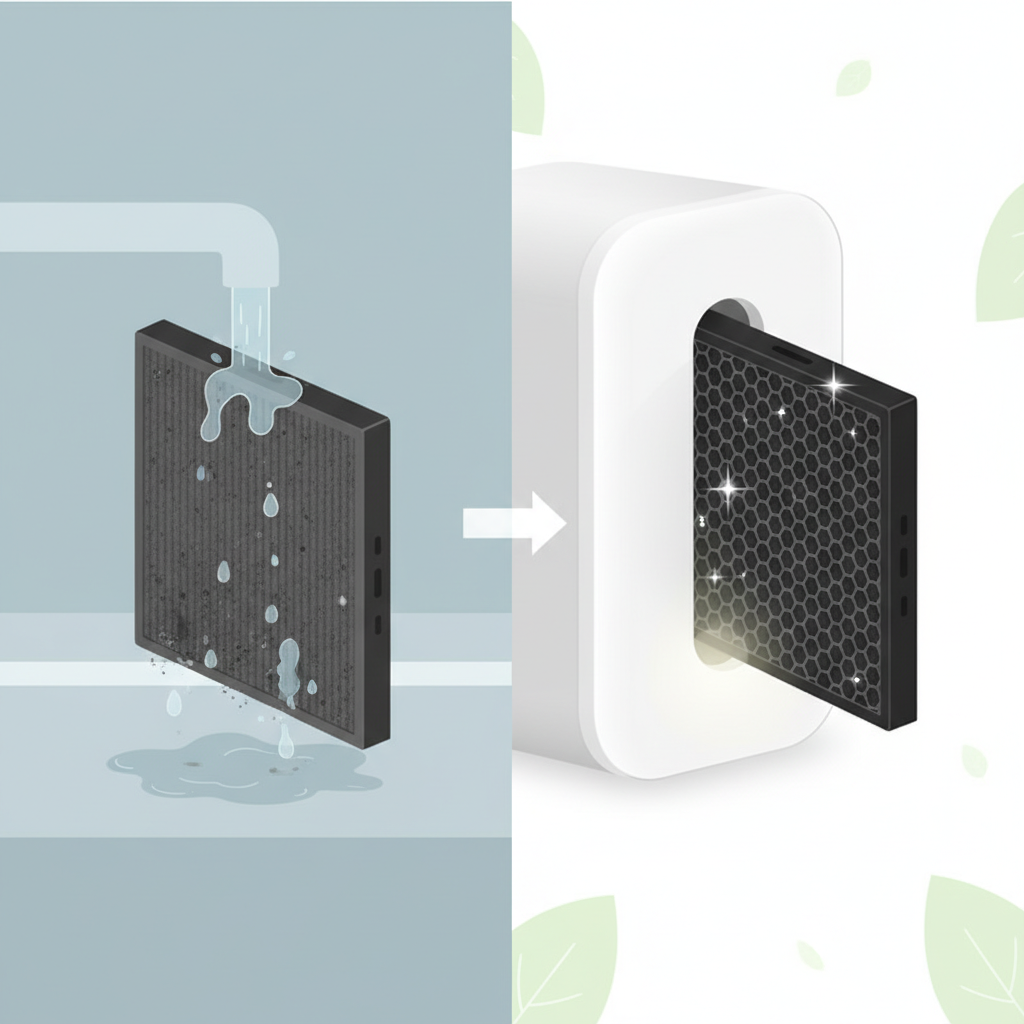A split-scene flat illustration depicting the dilemma of cleaning vs. replacing an activated carbon filter. On the left side, a slightly used, dark grey activated carbon filter, perhaps from a range hood, is shown under a gentle stream of water, attempting to be cleaned. The water flows off, suggesting minimal effectiveness and a still somewhat dirty appearance. On the right side, a pristine, brand-new activated carbon filter is effortlessly being inserted into a sleek, modern appliance, signifying a fresh start and optimal performance. The overall mood should be clear, informative, and slightly contrasting, highlighting the ease and benefit of replacement versus the limited value of cleaning.