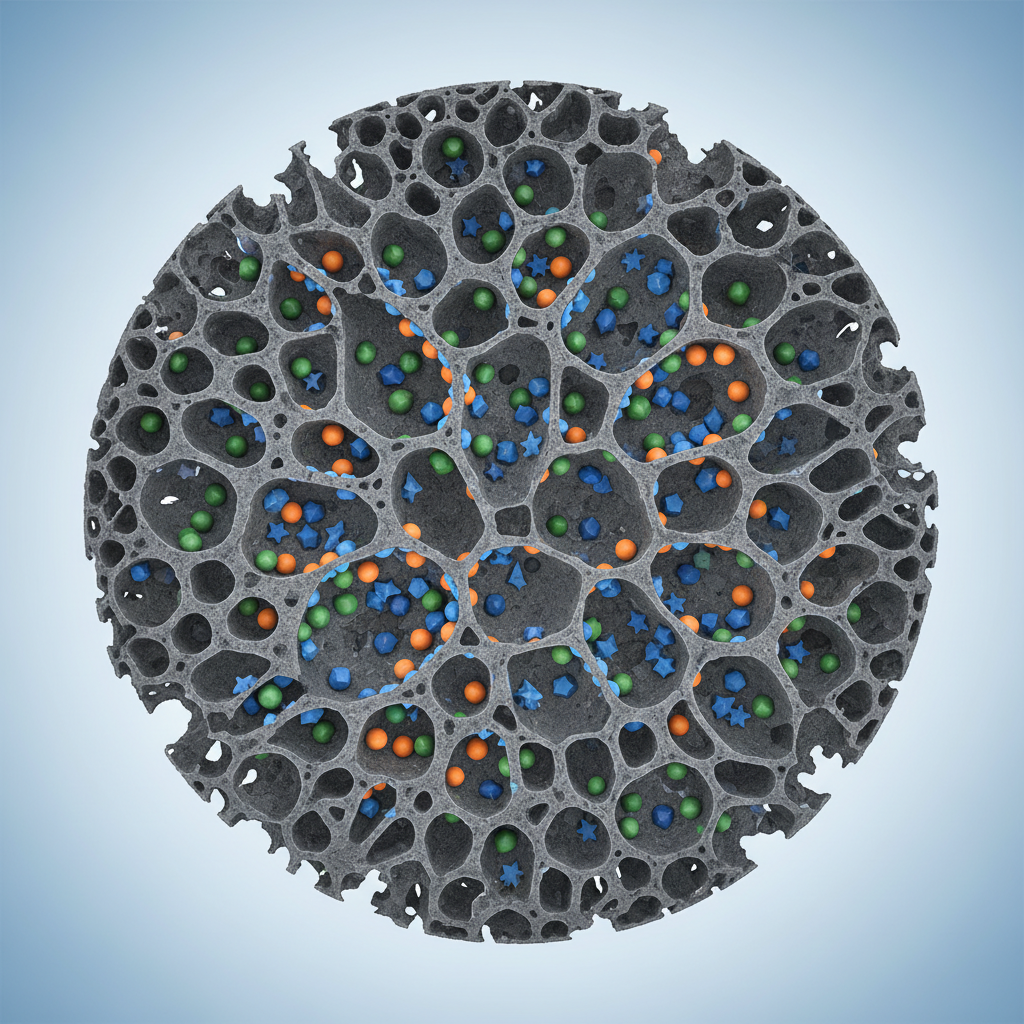 A detailed scientific illustration showcasing the microscopic functionality of activated carbon. The image features a magnified cross-section of a granular activated carbon particle, revealing its intricate, sponge-like network of internal pores and channels. Tiny, distinct molecules, representing various pollutants (e.g., abstract colored spheres or irregular shapes), are depicted being drawn into and physically adsorbed onto the vast inner surfaces of these pores. Some pores are empty, some are partially filled, and others show molecules completely binding to the surface, illustrating the adsorption process effectively. The style should be clean and precise, with a focus on visual clarity and conceptual understanding of molecular trapping.