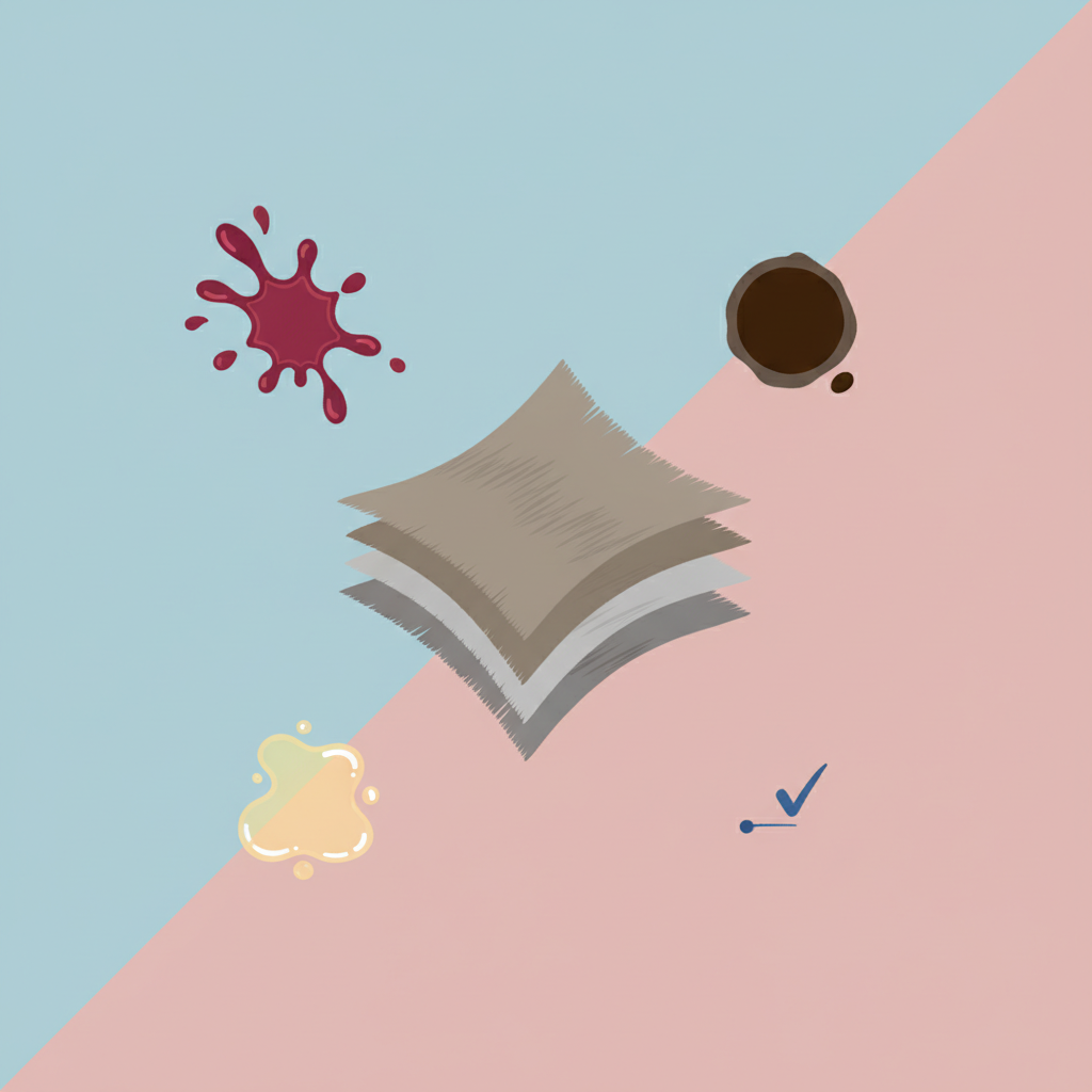 An infographic-style illustration depicting the Alcantara material and common types of stains it might encounter. A stylized, abstract representation of Alcantara fabric, showing its interwoven synthetic fibers (without explicit labels). Surrounding this central material, several distinct, small visual icons or blobs represent common stains: a vibrant red wine splash, a dark coffee ring, a translucent greasy smudge, and a small, precise blue ink mark from a pen. The background is clean and uncluttered, using a modern, muted color palette. Style: Modern flat illustration with a clean, infographic aesthetic, using clear visual metaphors for stains.