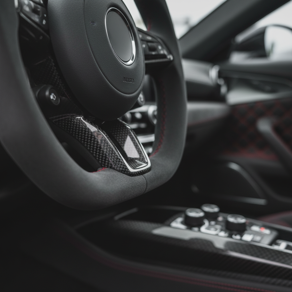 A professional, close-up photo of a luxurious car interior featuring Alcantara upholstery. The image focuses on a section of a car seat or steering wheel, showcasing the distinctive, soft, velvety texture of the Alcantara material. Gentle light highlights the fine fibers, creating a rich visual depth and an inviting tactility. A clean, elegant aesthetic with a shallow depth of field, making the Alcantara the central, captivating element. The overall mood conveys high quality and comfort, emphasizing the material's inherent appeal without showing any cleaning action directly.