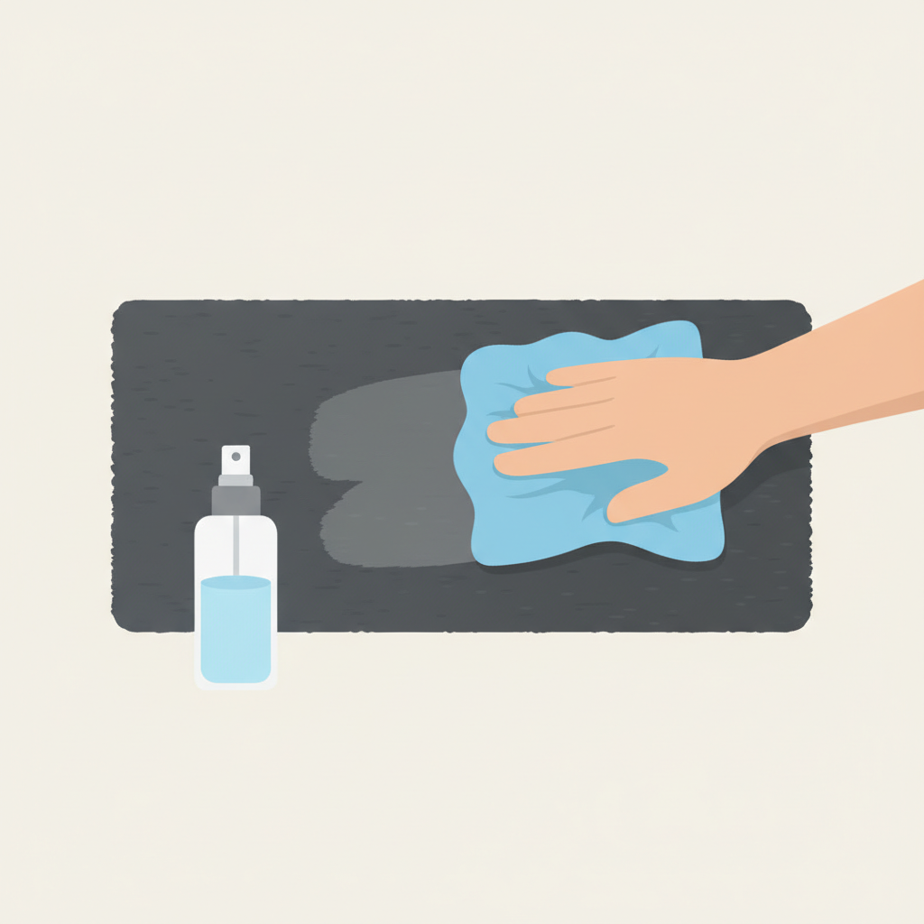 A stylized flat illustration depicting the gentle cleaning of an Alcantara surface. A segment of dark grey Alcantara fabric is shown on a light background. A hand, holding a soft microfiber cloth, is gently wiping the surface, leaving a subtle, clean streak. A minimalistic spray bottle, containing a generic cleaning liquid, is positioned nearby, suggesting the application of a suitable cleaner. The overall aesthetic is clean, modern, and reassuring, conveying ease and effectiveness of careful cleaning without harshness. Focus on the soft texture of the material and the delicate action.