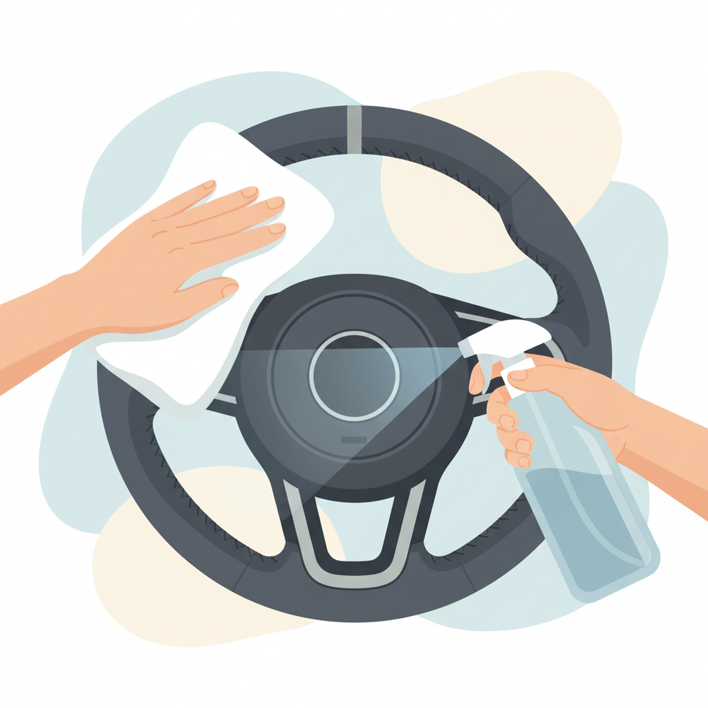 A stylized, clean illustration depicting a pair of hands gently cleaning an Alcantara steering wheel. One hand holds a soft, white microfiber cloth, carefully wiping a section of the steering wheel's grip. The other hand could be subtly holding a generic, label-free spray bottle, hinting at the application of a cleaning solution. The focus is on the delicate touch and careful method, with visible sueding restored in the cleaned area. The overall aesthetic should be bright, inviting, and emphasize the ease and safety of the process. Flat illustration style with a soft color palette.