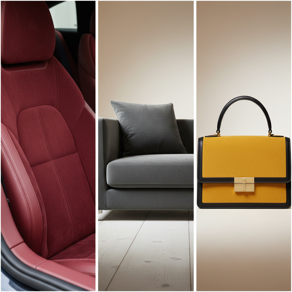 A high-quality, professional studio photograph showcasing the versatility and luxury of Alcantara. The image features a triptych or collage displaying three different items: a pristine detail of a car's Alcantara seat interior, a clean, modern sofa cushion made of Alcantara, and a sleek, fashionable handbag with Alcantara elements. Each item should highlight the material's distinct velvety texture, rich color, and elegant appearance, emphasizing its perfectly maintained, spotless condition under soft, even lighting.