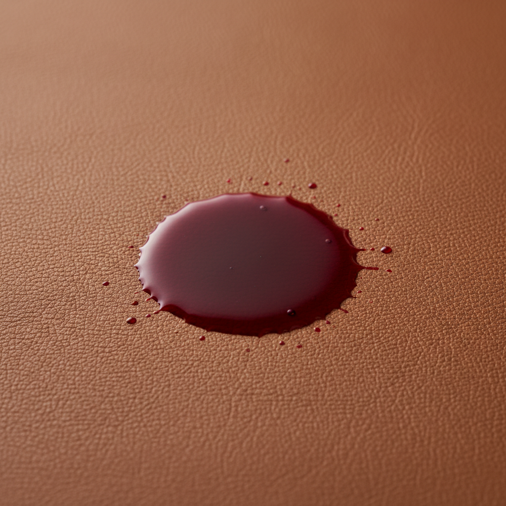 A close-up, high-detail professional studio photograph showcasing a common scenario: a small amount of red wine or a dark cocktail has just spilled onto a luxurious, smooth brown leather surface, like a sofa cushion or a handbag. The liquid is spreading slightly, forming a subtle, darker wet patch and the very beginning of a ring-like stain on the leather. The lighting is soft and natural, emphasizing the rich texture of the leather and the immediate impact of the spill, conveying a sense of delicate urgency.