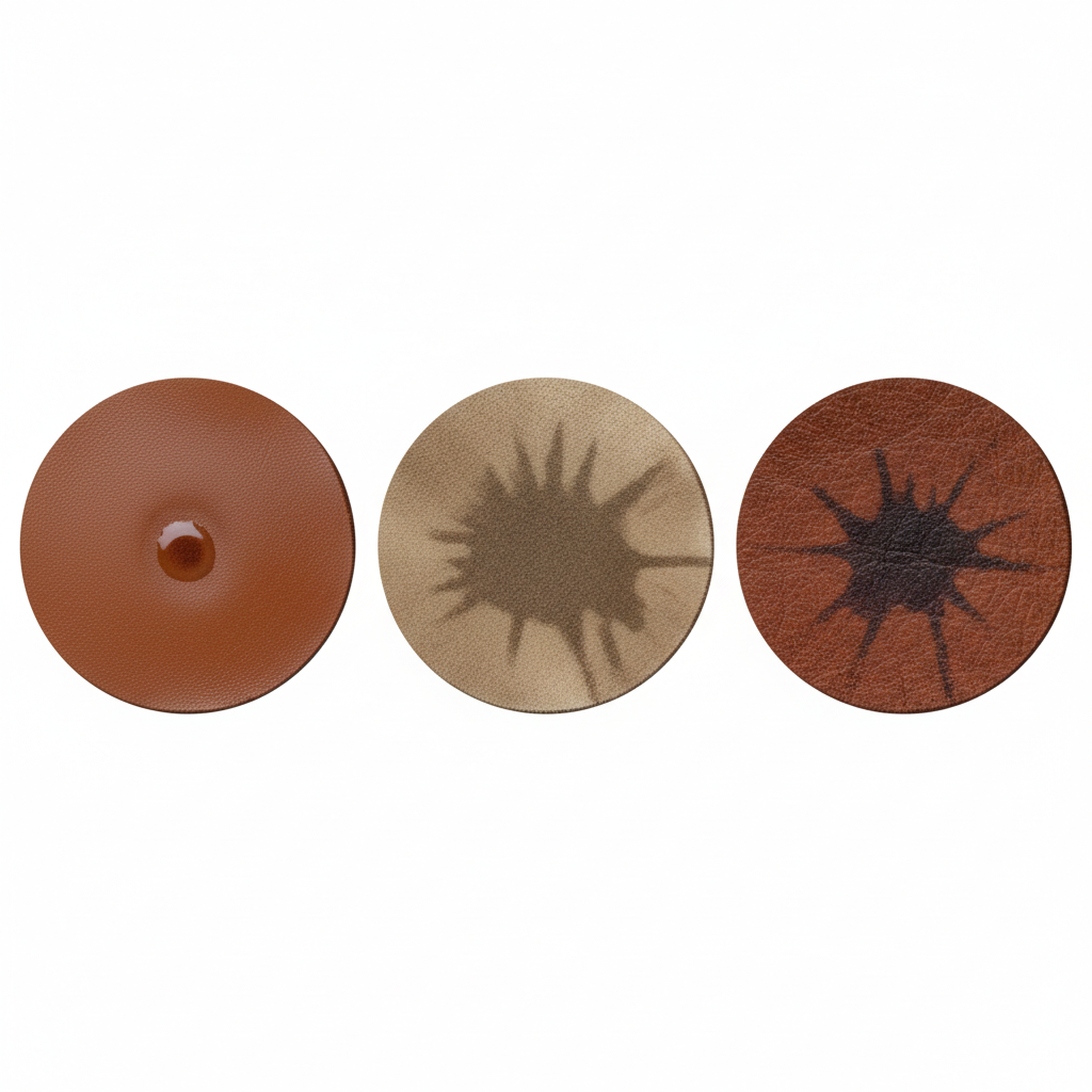 An illustrative diagram in a clean, infographic style. It features three distinct panels arranged horizontally, each displaying a highly detailed close-up of a different type of leather: smooth leather, suede/nubuck leather, and anilin leather. On each leather swatch, a small, subtle alcohol stain is depicted, visually demonstrating how the stain interacts and appears differently on each unique texture and porosity. The background is minimalist, keeping the focus entirely on the leather types and their varying reactions to the stain.