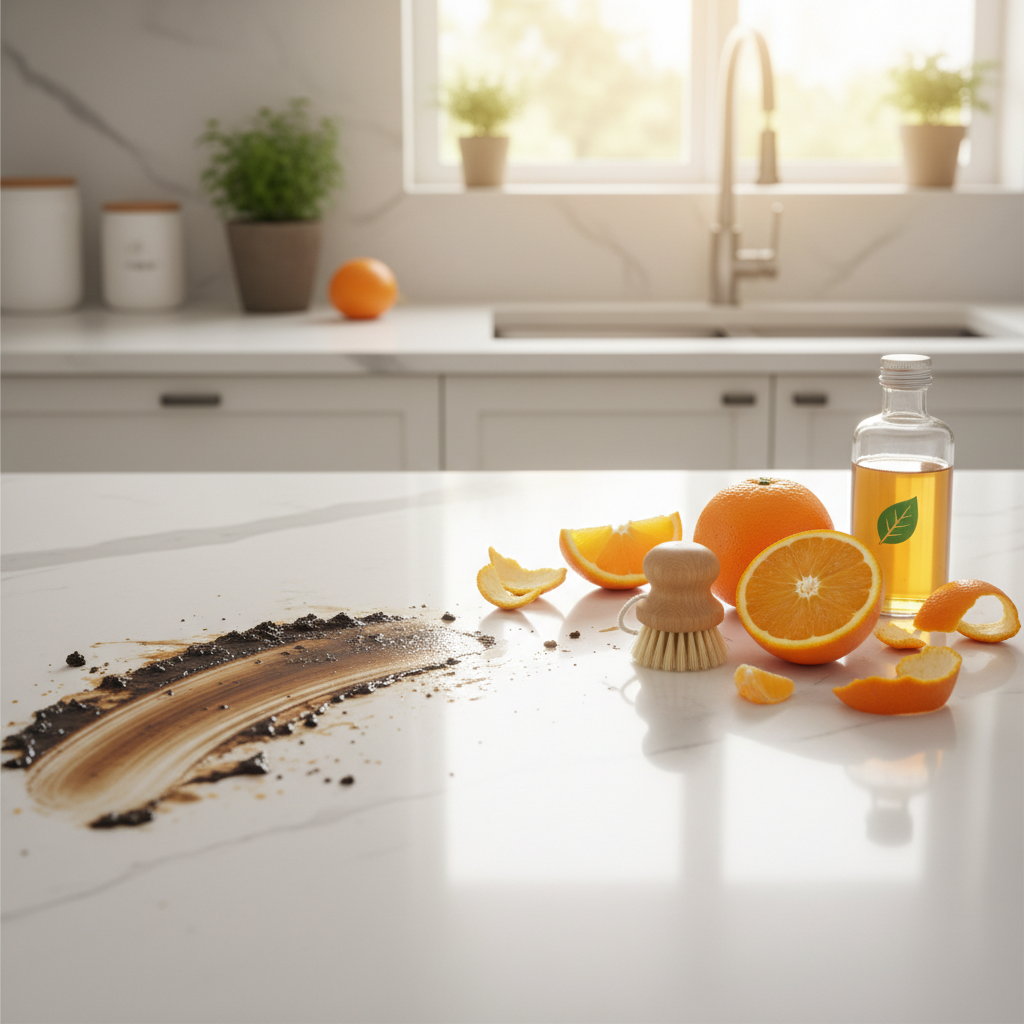 A bright, clean professional photo showcasing a modern kitchen countertop. On one side, a visible streak of stubborn grease or grime is present. On the adjacent area, the same surface is sparkling clean and fresh, reflecting natural light. Fresh orange slices and peels are artfully scattered near the clean section, symbolizing the natural, powerful ingredients. The overall composition conveys effective, natural cleaning in a vibrant and inviting home environment, with soft, ambient lighting highlighting the contrast between dirty and clean surfaces.