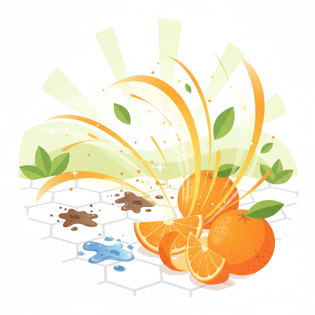 A vibrant, clean flat illustration depicting the concept of natural cleaning power. In the foreground, stylized oranges or orange peels are prominently featured, with subtle energetic lines emanating from them, symbolizing D-Limonene. These lines are shown actively dissolving or lifting away stylized dark grease blobs, dirt smudges, and sticky residues from a generic, clean surface like a kitchen tile. In the background, subtle elements like green leaves or a gentle sunray hint at the eco-friendliness of the product. The color palette is fresh and natural, predominantly oranges, greens, and clean whites.