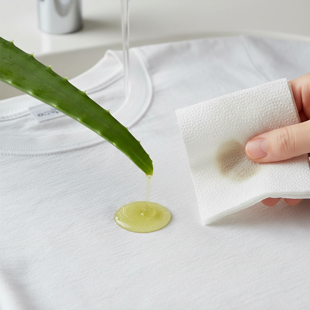 A vibrant green aloe vera leaf is depicted with a drop of yellowish-green sap actively dripping onto a light-colored fabric, such as a white cotton t-shirt, creating a fresh, distinct stain. Adjacent to this, a hand gently dabs the wet stain with a clean, white paper towel, illustrating the absorption action. In the background, a subtle visual cue of cold water, perhaps a gentle stream from a faucet, reinforces the recommended immediate rinsing action. The overall style should be a bright, clean, and realistic photographic illustration, suitable for a DIY guide.