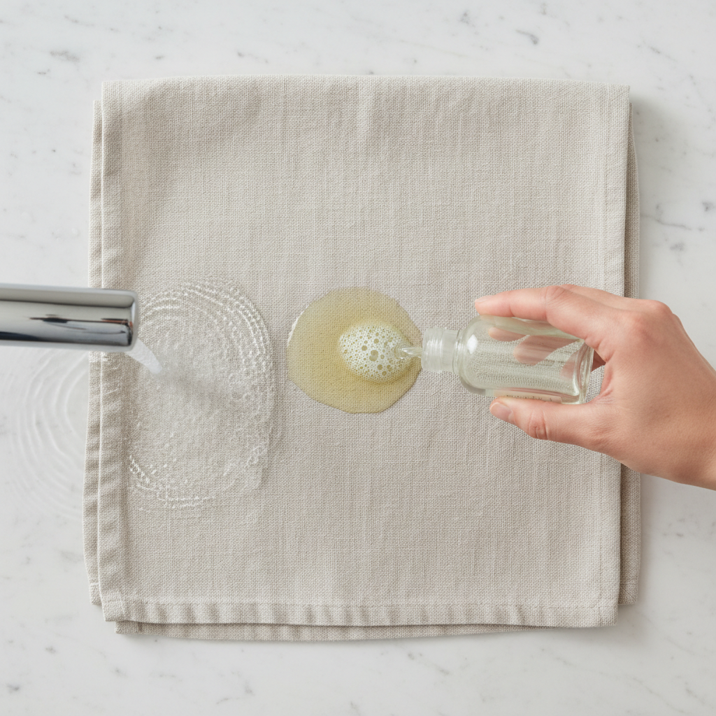 An overhead view illustrating the removal process of an aloe vera stain on fabric. A piece of light-colored textile, like a linen dish towel, displays a visible, slightly set yellowish-green stain. A hand is gently squeezing a small amount of clear dish soap directly onto the stained area. Beside this action, a subtle, cold water stream from a faucet is shown rinsing the fabric, emphasizing the 'Spülmittel und kaltes Wasser' method. The scene should be well-lit and professional, in a clean, minimalist flat lay photography style, highlighting the simplicity and effectiveness of the household remedy.