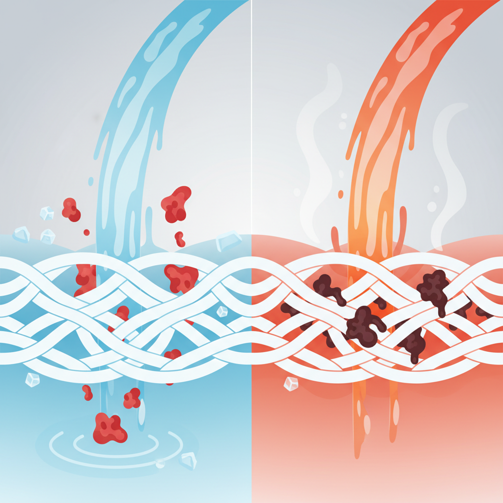 A split visual illustrating the scientific principle behind bloodstain removal. On the left, a close-up of white fabric fibers interacting with stylized red blood proteins, submerged in a flow of cold, icy blue water. The proteins appear to loosen and lift away from the fibers. On the right, the same fabric fibers and blood proteins are shown under a stream of hot, steaming water, with the proteins appearing to deeply coagulate and bind stubbornly within the fabric. This contrast highlights the importance of cold water. Flat illustration with a clean, educational aesthetic.