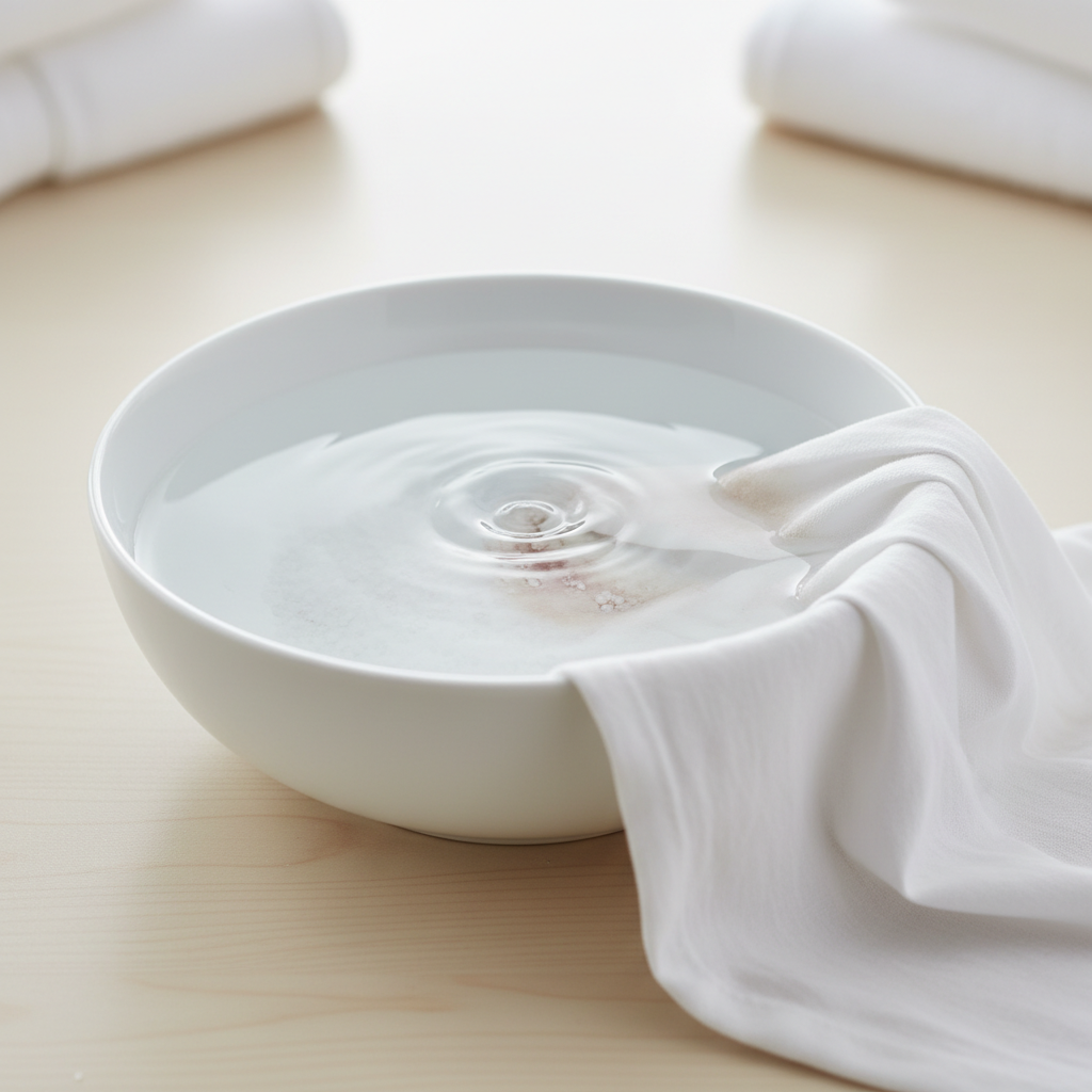 A professional studio photograph capturing the process of soaking stained bedding. A pristine white ceramic bowl sits on a clean, light surface, filled with clear cold water. Visible salt crystals are dissolving into the water, creating subtle swirling patterns. A corner of white bed linen, showing a faint, old reddish-brown bloodstain, is partially submerged in the saltwater solution, implying an overnight soak. The scene is well-lit, conveying cleanliness and effective home remedy application, with a focus on the action of soaking.