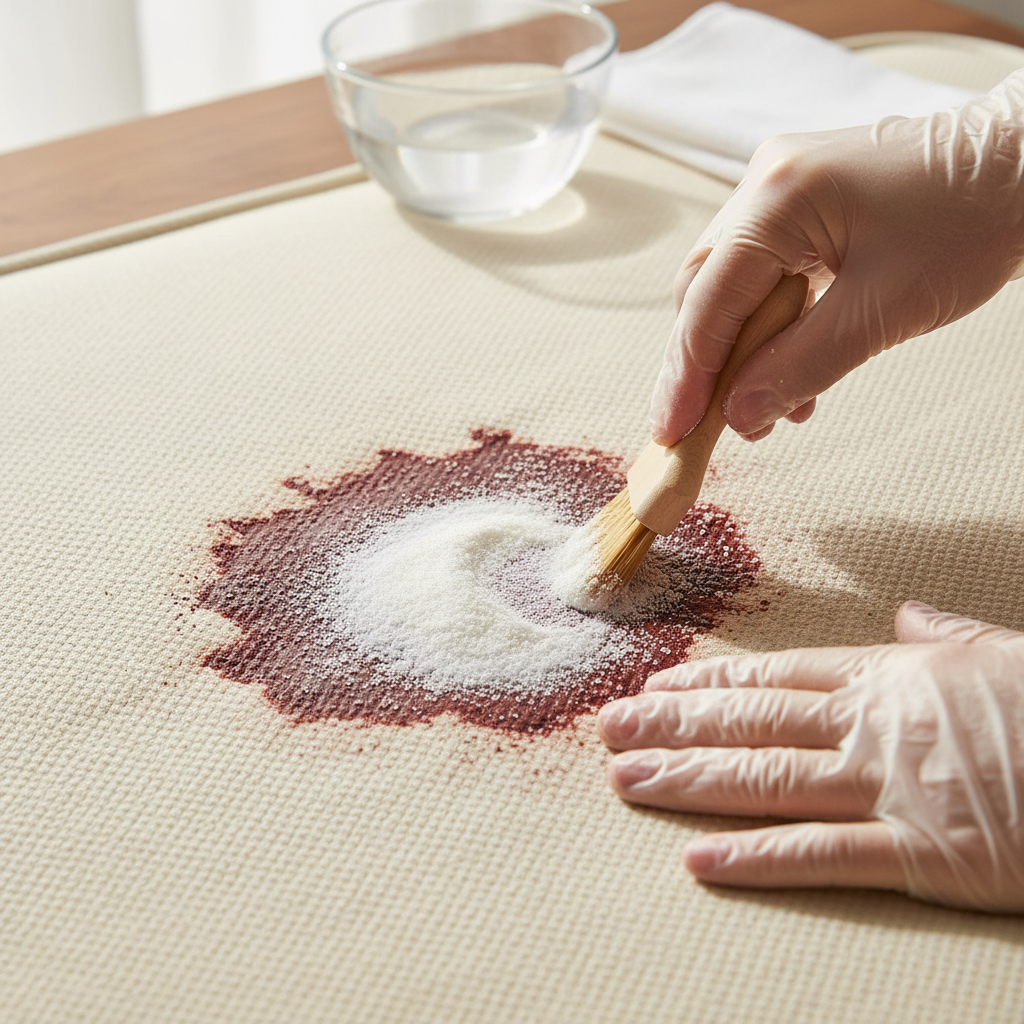 A realistic, professional photo showing a close-up of a beige or white mattress surface. A prominent, dried reddish-brown blood stain is visible on the fabric. A pair of hands, possibly wearing clear gloves, are gently dabbing or applying a thick, white cleaning paste (like salt or baking soda paste) directly onto the center of the stain using a small, soft brush or a finger. In the background, slightly out of focus, a bowl of cold water and a clean white cloth are visible. The lighting is bright and natural, highlighting the texture of the mattress and the cleaning process.