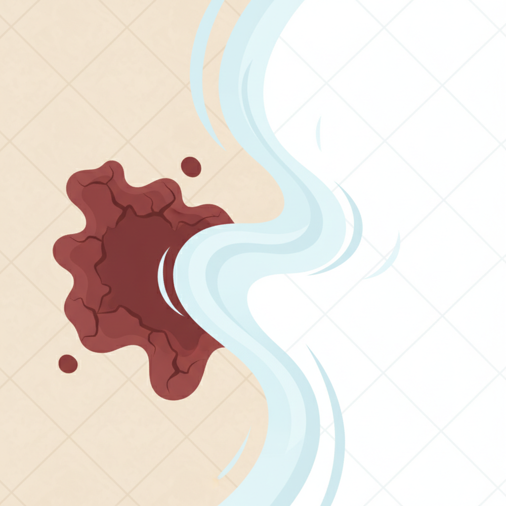 A modern, flat illustration with a soft, clean color palette, depicting a conceptual 'before and after' transformation of a mattress stain. On the left side, a stylized section of a mattress fabric shows a deep, dried red blood stain, appearing stubborn and embedded. On the right side, the exact same section of mattress fabric is depicted as immaculately clean, with no trace of the stain, radiating a subtle sense of freshness. A subtle visual transition, perhaps a gentle swirl or dissolving effect, connects the two states in the middle, implying the cleaning process.