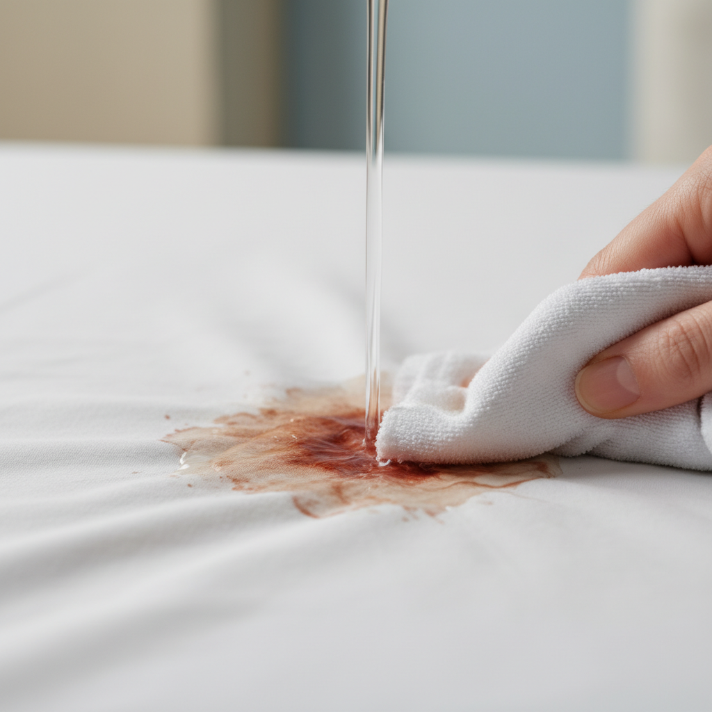 A close-up, high-definition professional photo depicting a section of crisp white bed linen with a visible, dried, reddish-brown blood stain. A gentle, focused stream of cold water is seen falling onto the stain, partially drenching the fabric. A small, simple tool, like a clean, soft cloth or a brush with clear bristles, is delicately interacting with the stain, suggesting the initial stage of treatment. The background is softly blurred, focusing entirely on the textile and the cleaning action, emphasizing detail and texture.