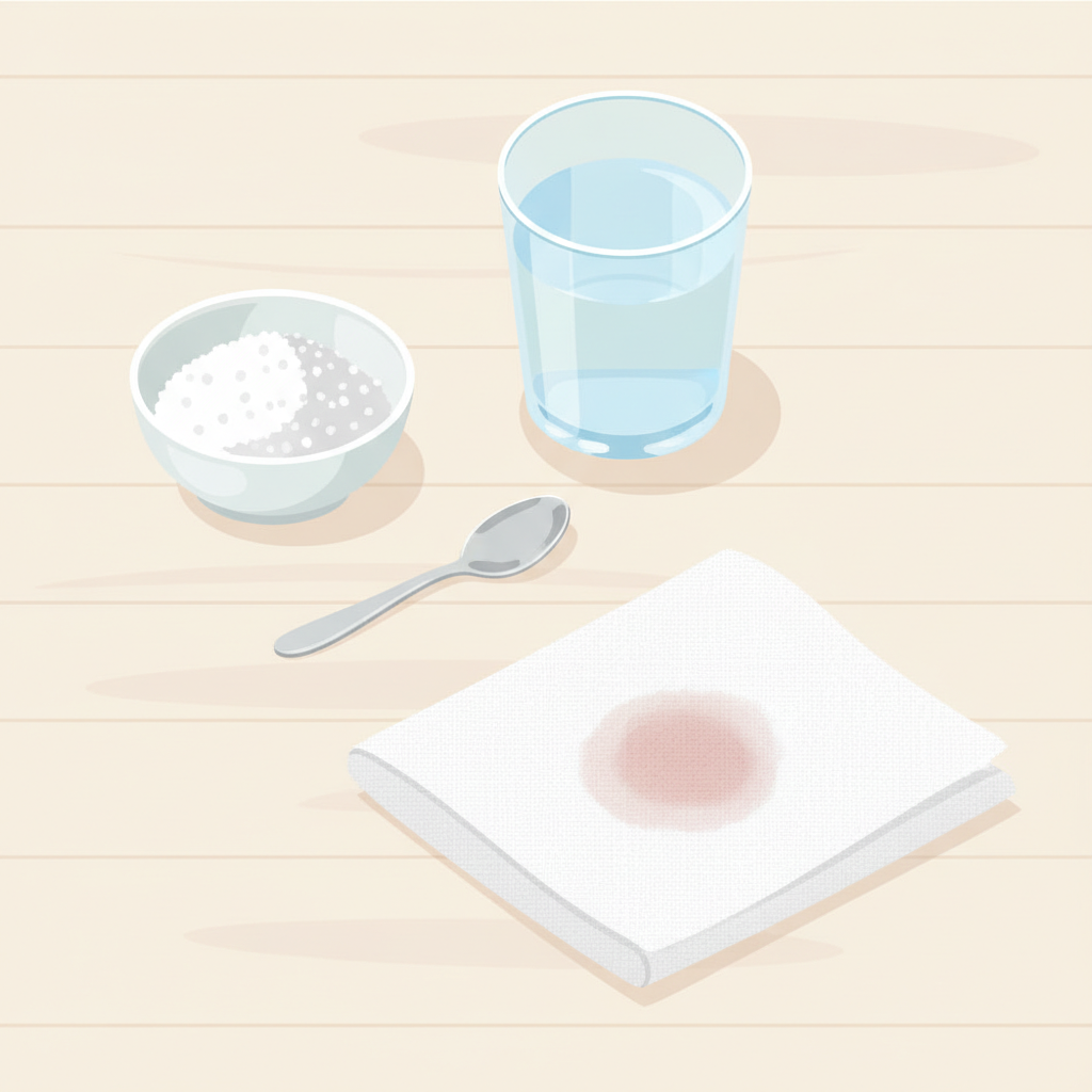 A vibrant, clean flat illustration showing the key elements for removing old blood stains. On a light, clean surface, arrange a small, open container of white granulated salt, a clear glass filled with cold water, and a simple, small spoon. Alongside these, a section of white, subtly textured fabric (representing a bed sheet) with a faint, older blood stain is depicted. The overall composition should be bright and minimalist, conveying simplicity and an organized approach to a household task.